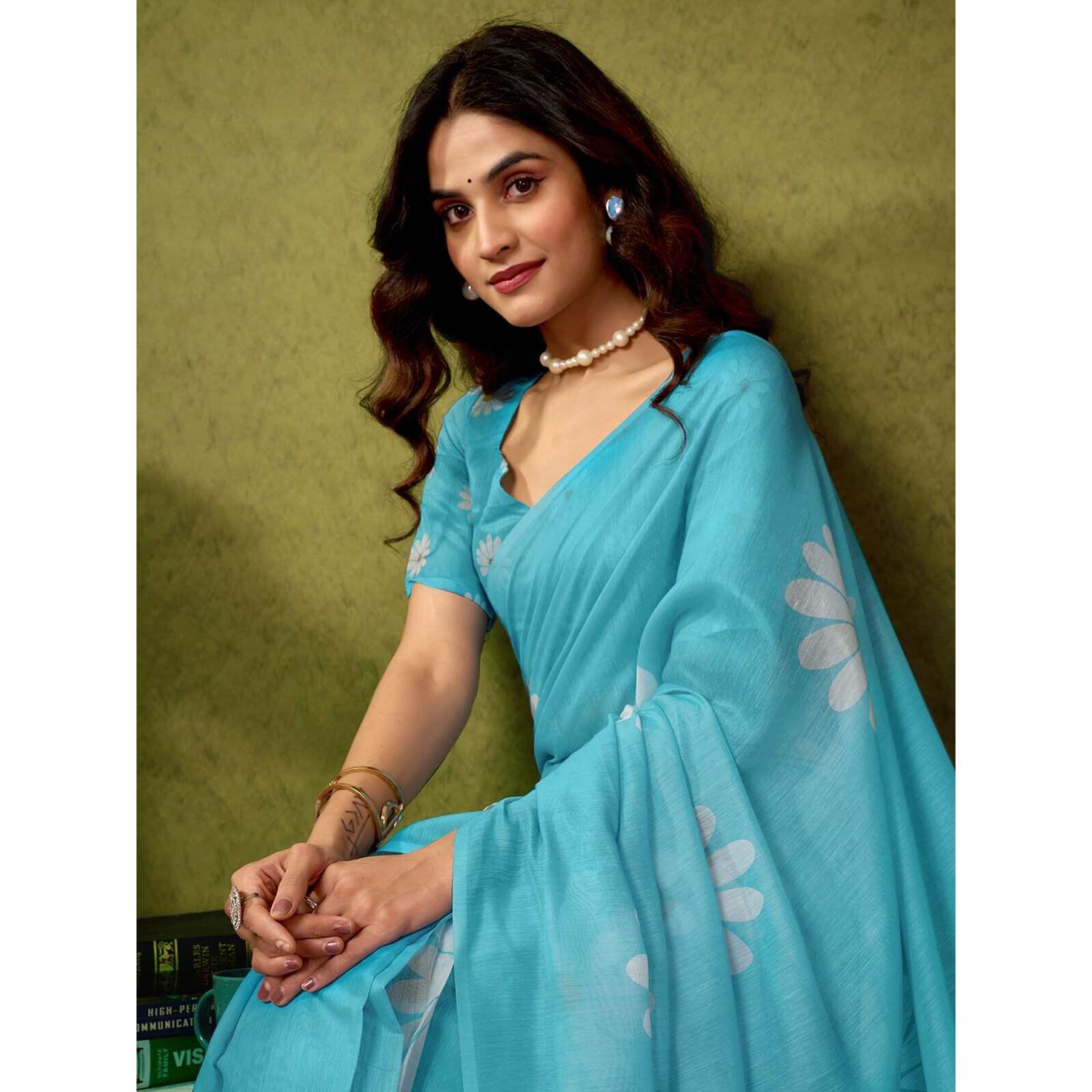 Satrani Women's Chanderi Cotton Printed Ready To Wear One Minute Pre Pleated Readymade Saree With Unstitched Blouse Piece (32Rs293N_Sky Blue)
