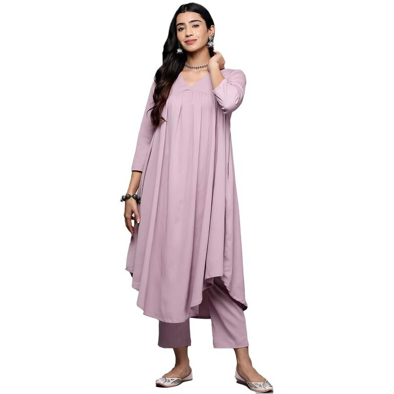 Varanga Women Pink Empire Gathered Details A-Line Kurta With V-Neck, Three-Quarter Sleeves, Paired With Tonal Bottom