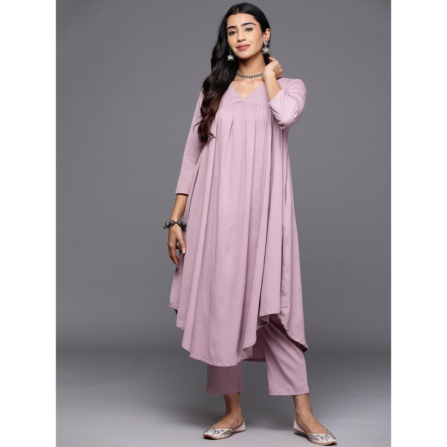 Varanga Women Pink Empire Gathered Details A-Line Kurta With V-Neck, Three-Quarter Sleeves, Paired With Tonal Bottom