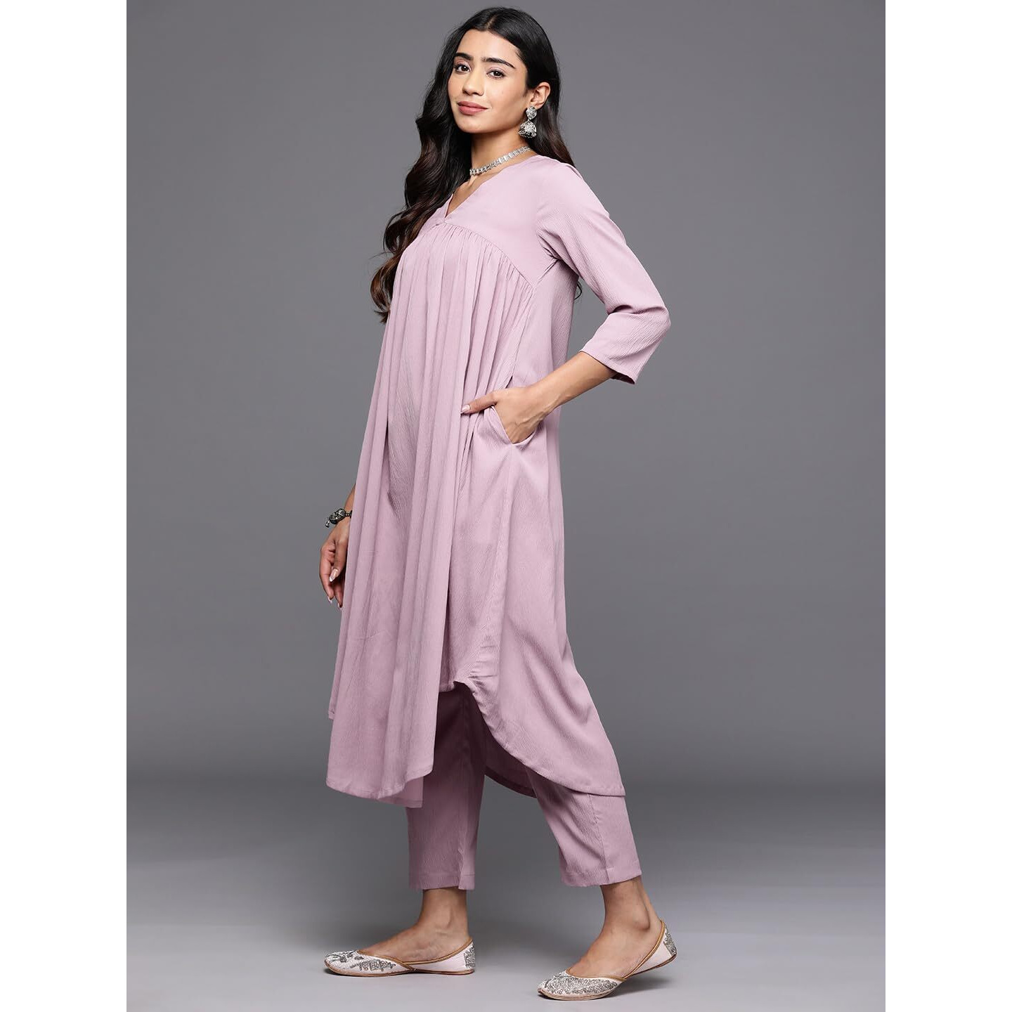 Varanga Women Pink Empire Gathered Details A-Line Kurta With V-Neck, Three-Quarter Sleeves, Paired With Tonal Bottom