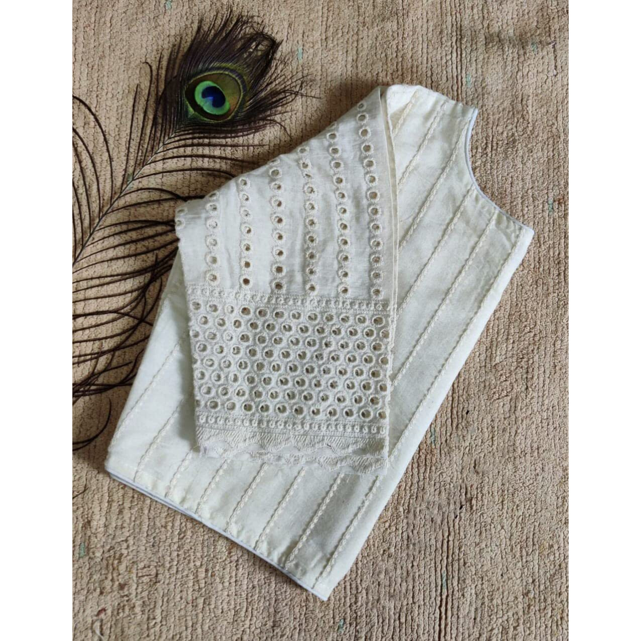 Vihu Fashion Women's Trendy Hakoba Chikankari Work Half Sleeve White Saree Blouse(Hakoba 13 White_38)