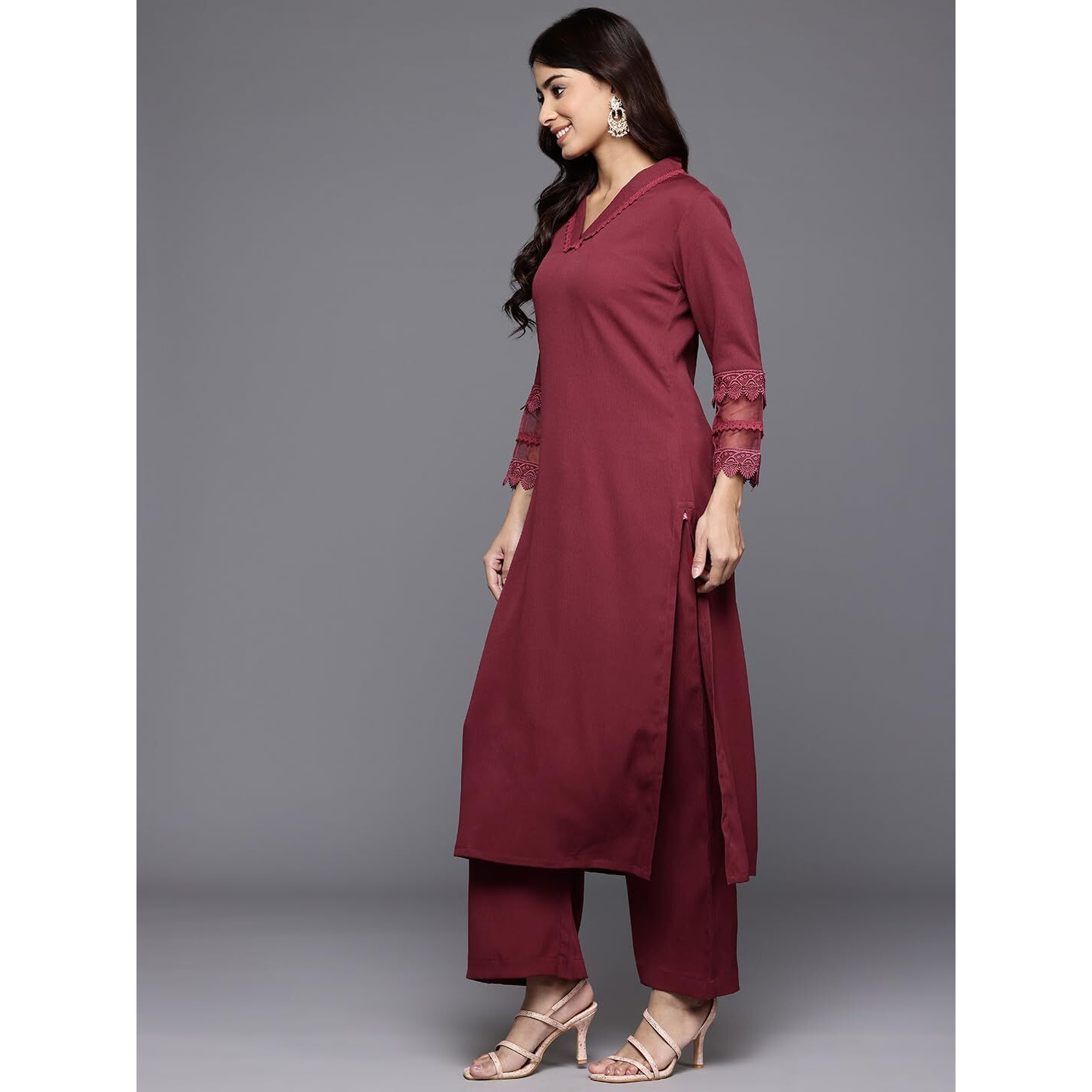 Varanga Women Maroon V Neck Three Quarter Sleeves Cotton Lace Straight Kurta With Tonal Bottom - Casual Ethnic Suit Set For Women (Medium)