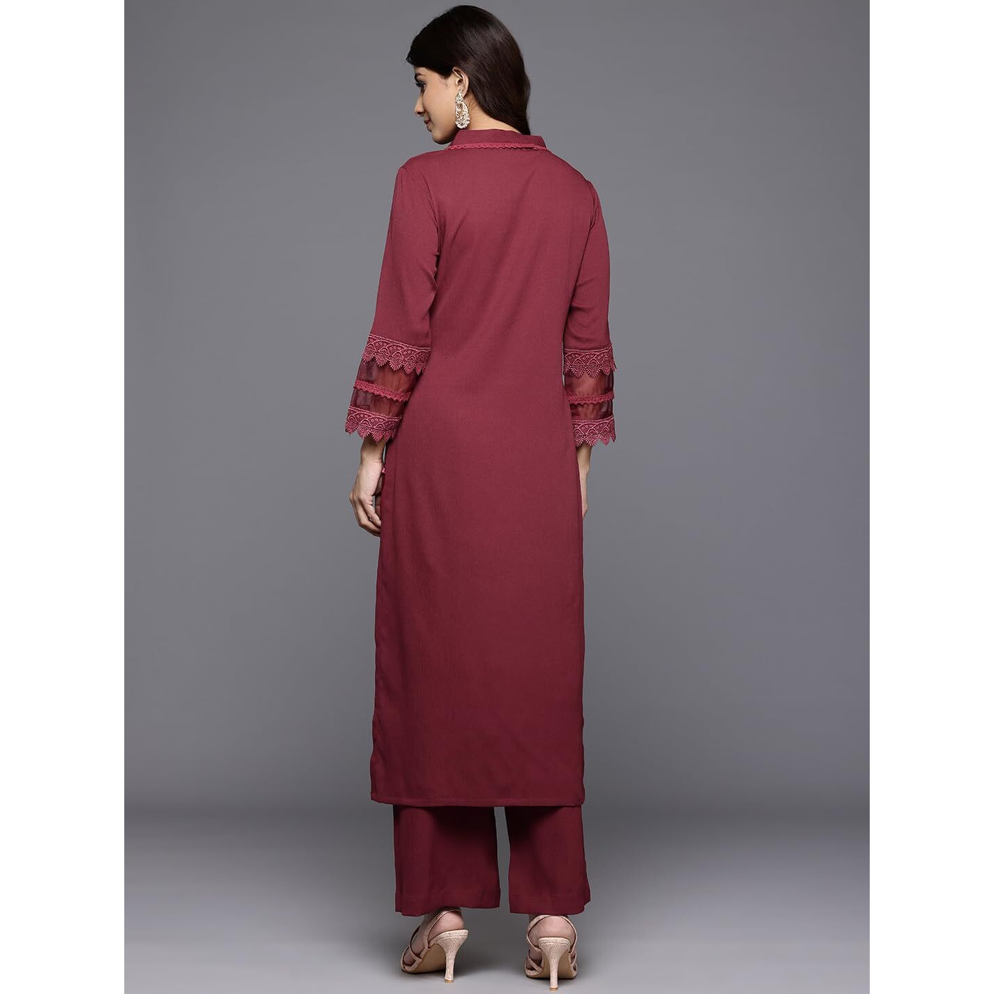 Varanga Women Maroon V Neck Three Quarter Sleeves Cotton Lace Straight Kurta With Tonal Bottom - Casual Ethnic Suit Set For Women (Medium)