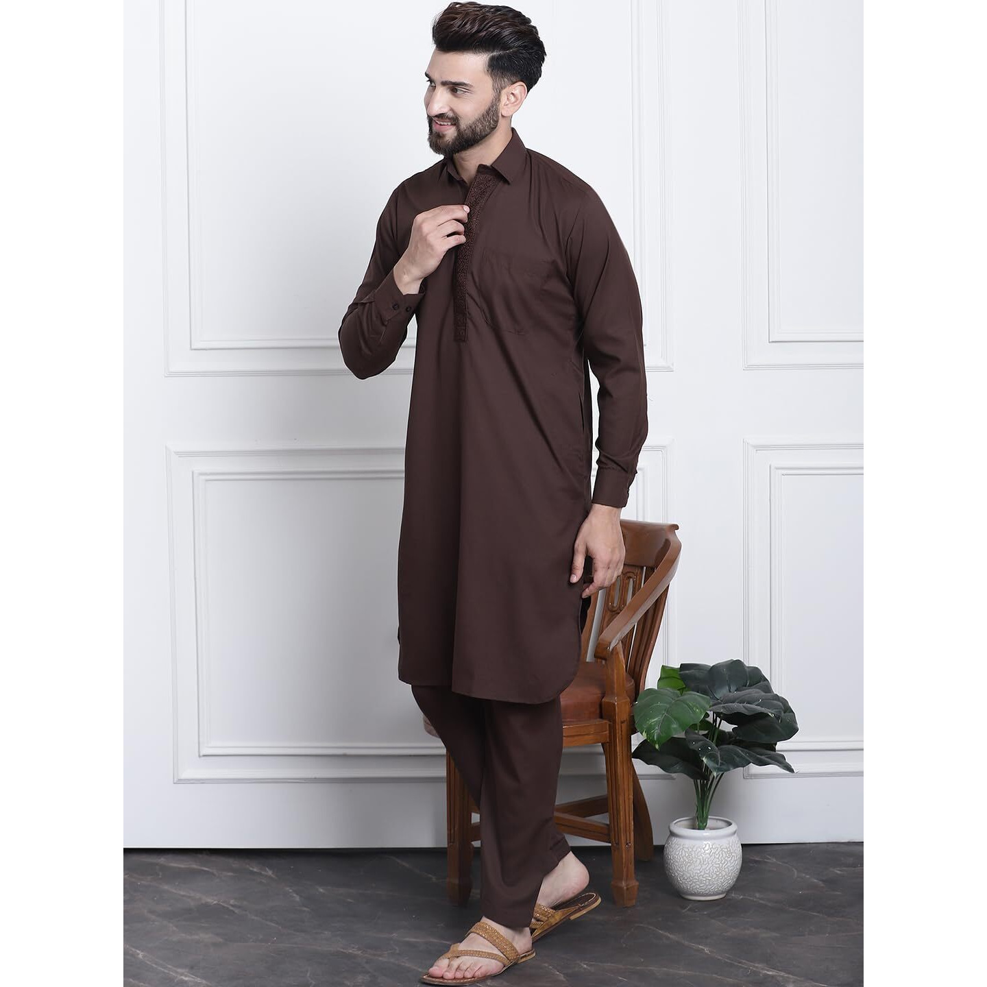Sojanya (Since 1958 Men's Cotton Dark Brown Pathani Kurta Salwar Set