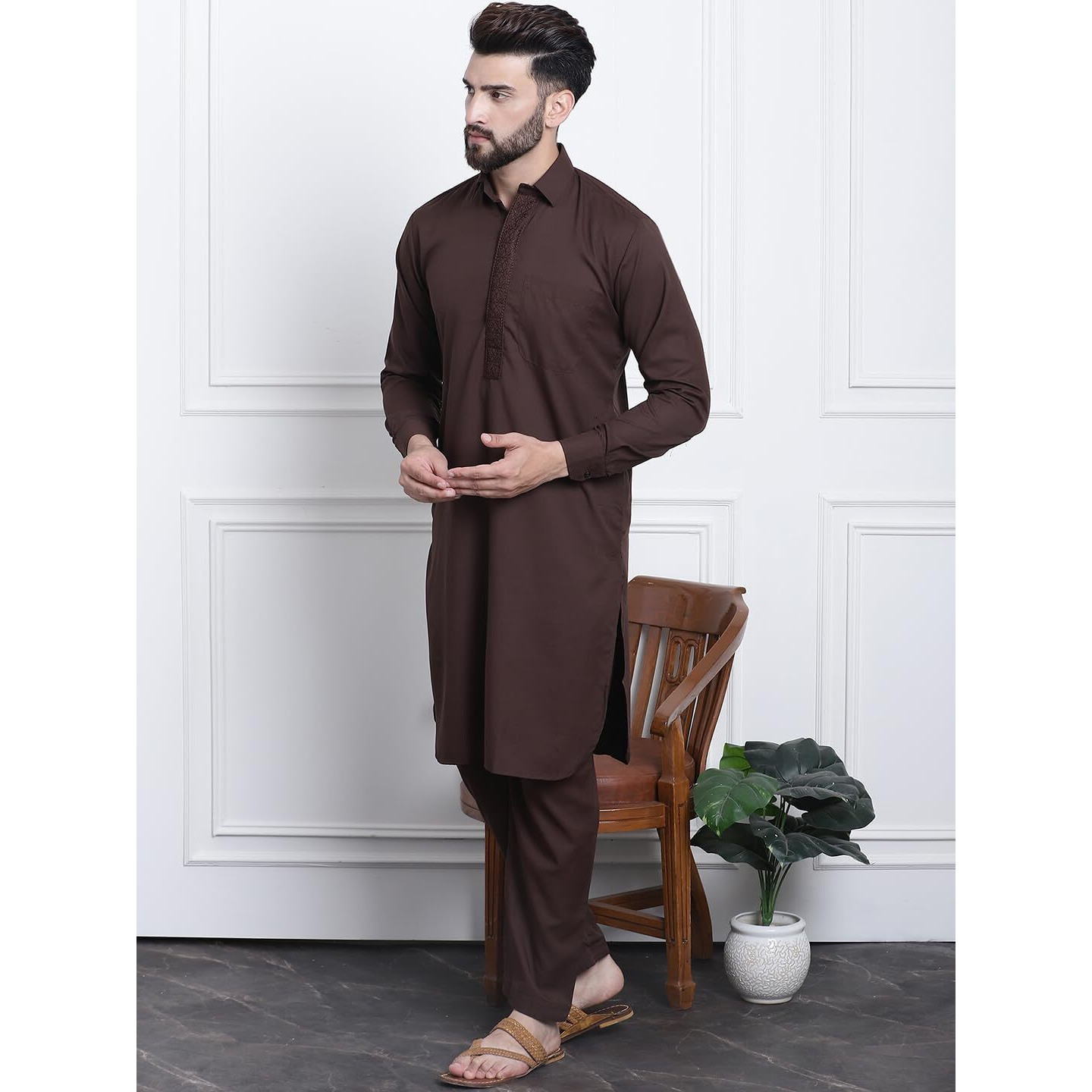 Sojanya (Since 1958 Men's Cotton Dark Brown Pathani Kurta Salwar Set
