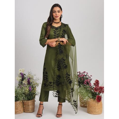 Womanista Women's Cotton Blend Kurta Set (Kurtaset_1279_Olive_36)