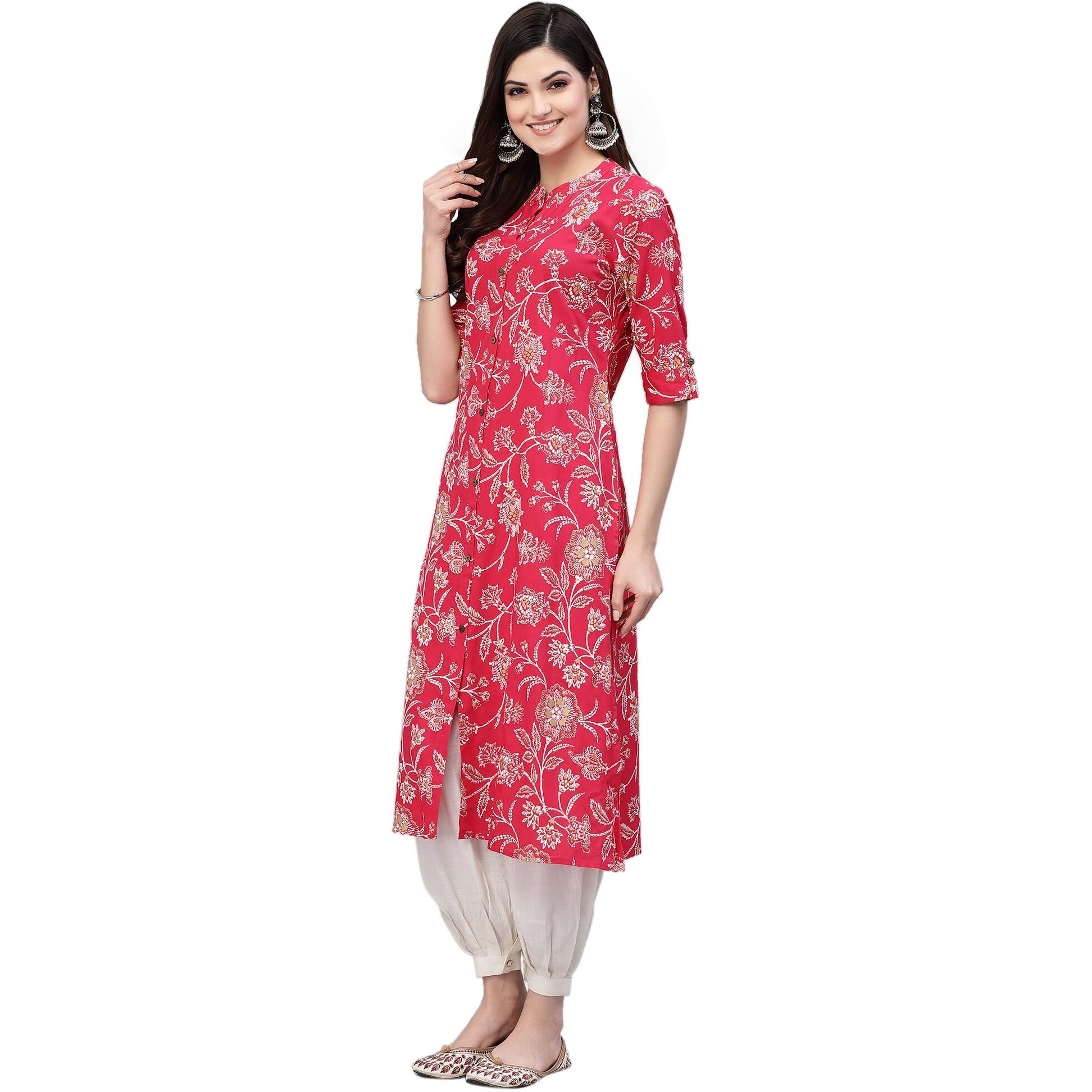 Stylum Women's Floral Print Rayon A-Line Kurta (Fionaruby40_Ruby, L)
