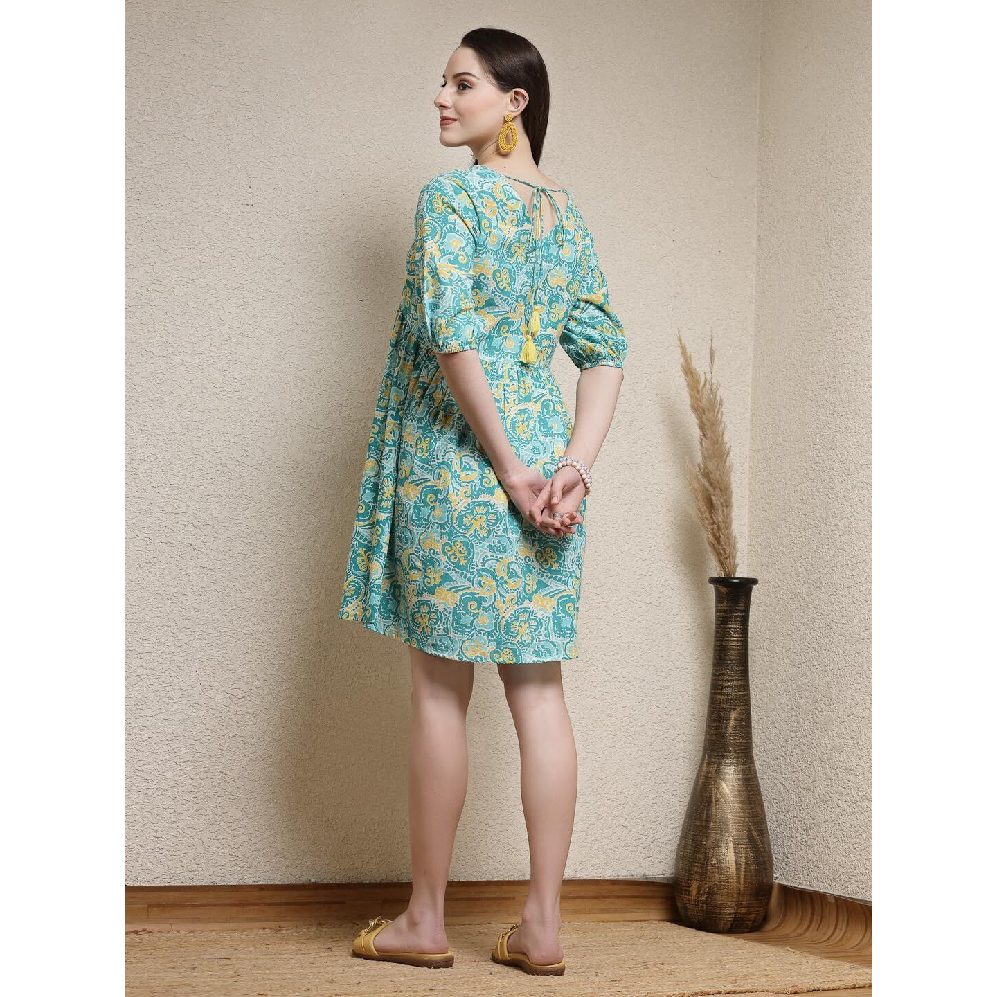 Stylum Women's Floral Printed Cotton Flared Dress (Drsturqsoul44_Turquoise, Xxl)