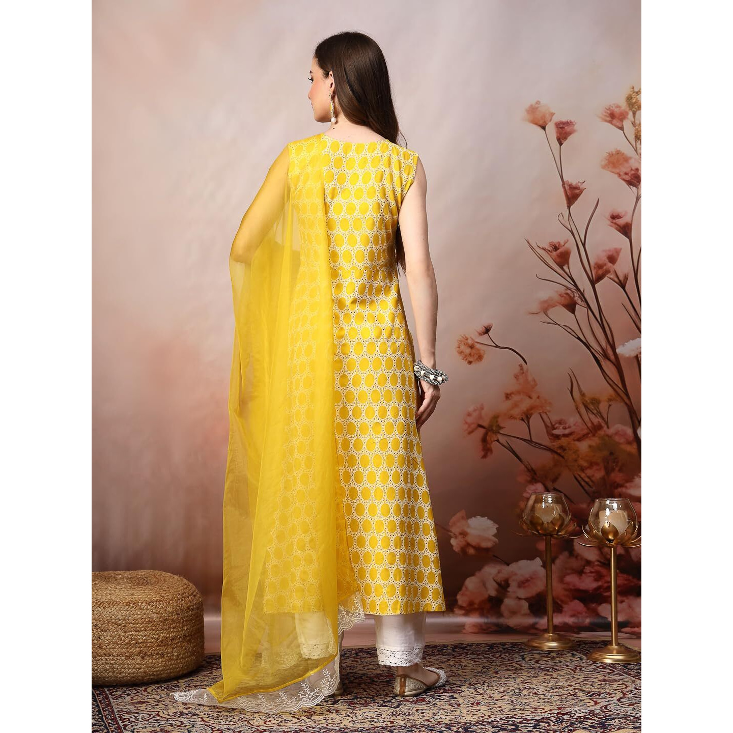 Stylum Women's Printed & Embroidered Rayon A-Line Kurta Dupatta Set (Kdyellowsurji34_Yellow, Xs)