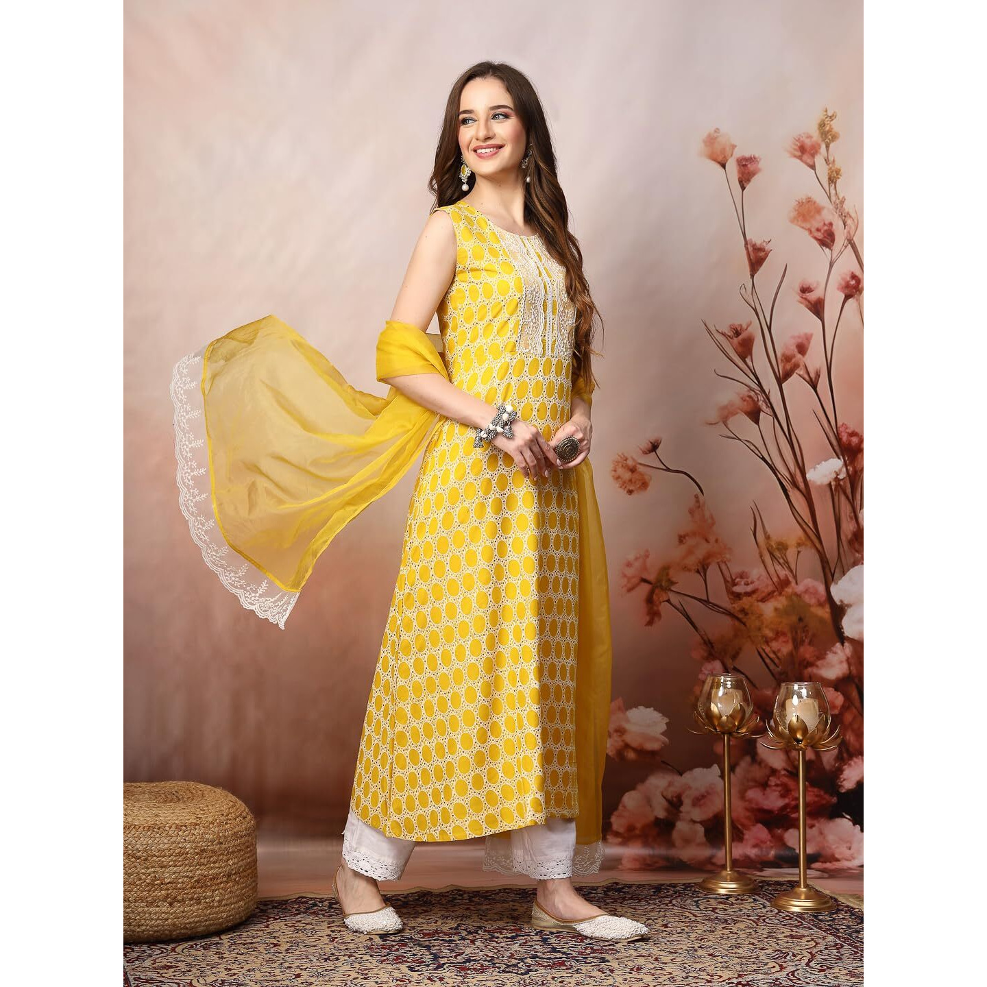 Stylum Women's Printed & Embroidered Rayon A-Line Kurta Dupatta Set (Kdyellowsurji34_Yellow, Xs)