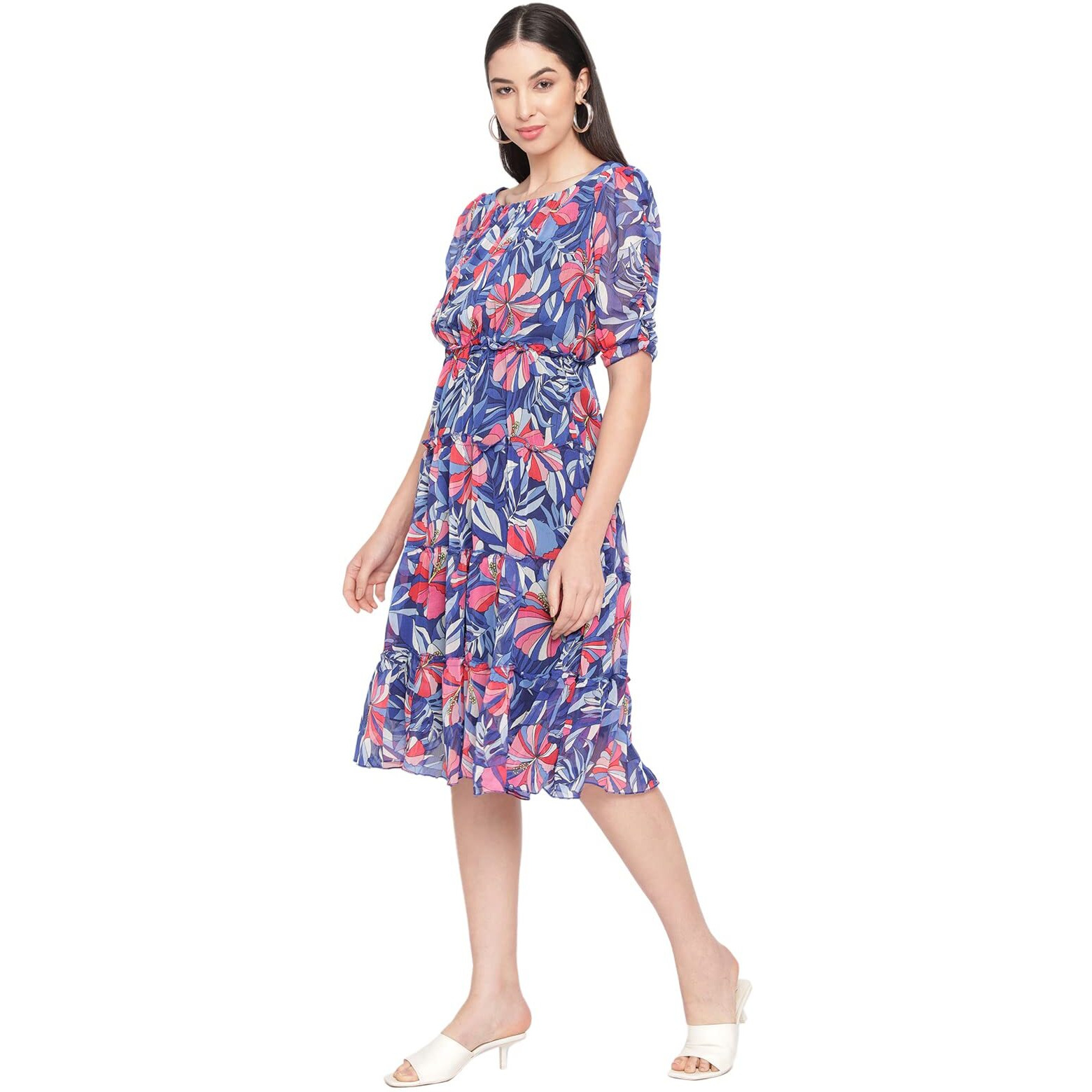 Sugathari Women's Blue Chiffon Solid Floral Sweetheart Neck A-Line Dress For Women (Dress2 60 Blue M)