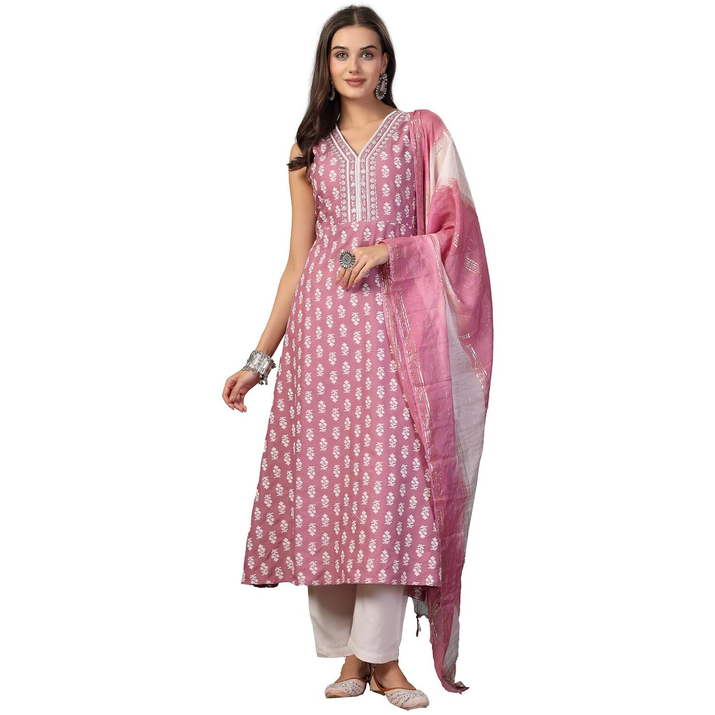 Stylum Women's Printed & Embroidered Rayon A-Line Kurta Dupatta Set (Kdmauvemoko34_Mauve, Xs)