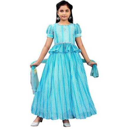 Aarika Girls Ethnic Wear Turquoise Colour Zig Zag Printed Georgette Lehenga Choli Set (4-10 Years)
