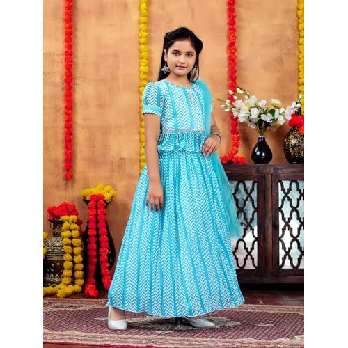 Aarika Girls Ethnic Wear Turquoise Colour Zig Zag Printed Georgette Lehenga Choli Set (4-10 Years)
