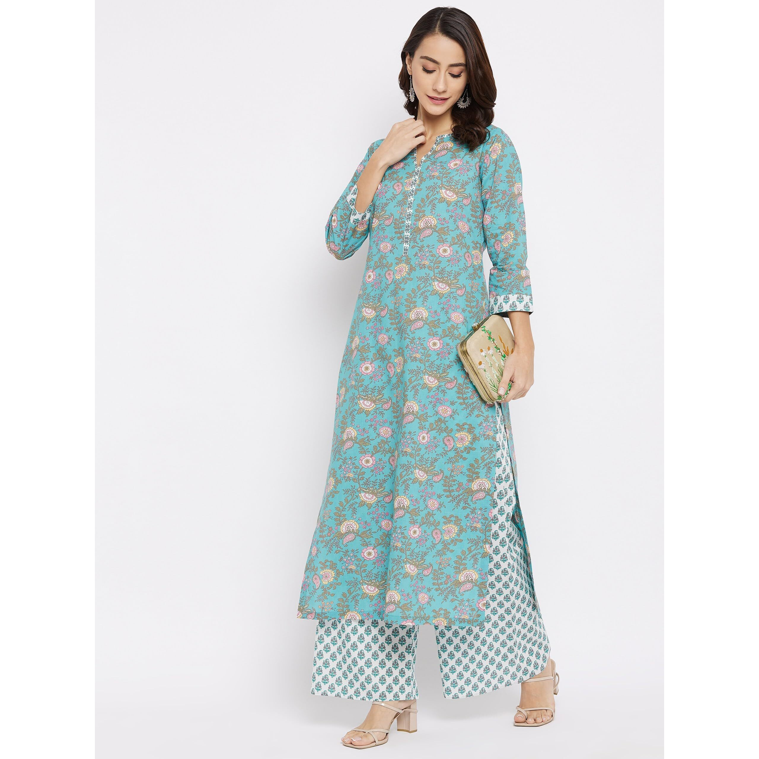 Tissu Women's Cotton Sea Green & Pink Floral Printed Kurta With Palazzo (Tis-600_Green_8Xl)