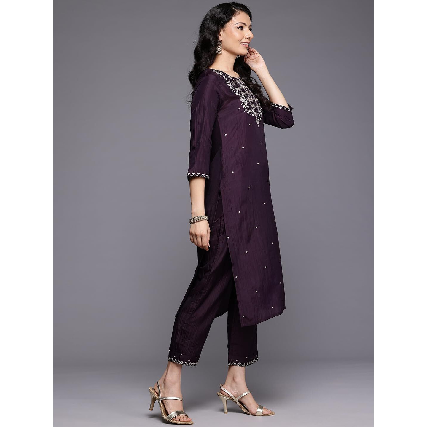 Varanga Women Purple Thread Embroidered Sequins Embellished Straight Kurta Paired With Bottom And Dupatta