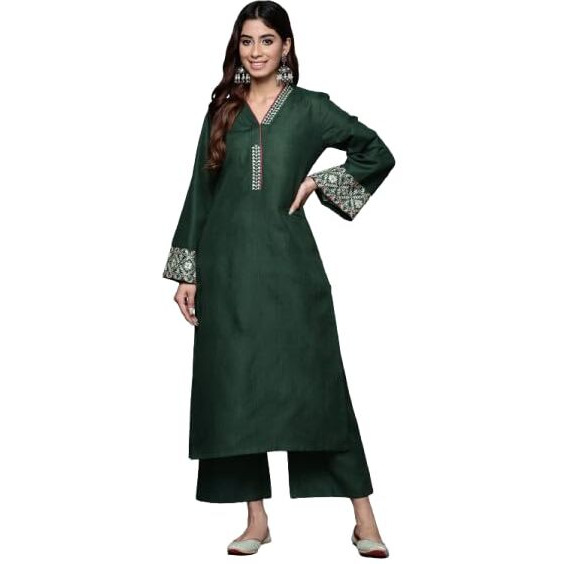 Varanga Women Green Embroidered Kurta With Long & Flared Sleeves, Tonal Bottom, Intricate Embroidery For A Chic & Comfortable Look