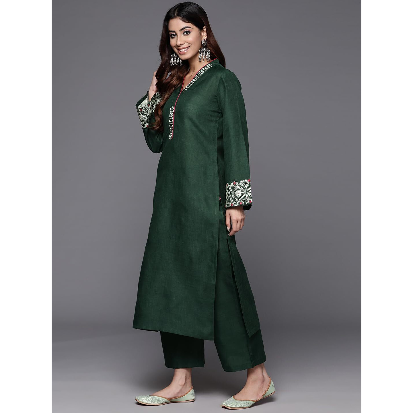 Varanga Women Green Embroidered Kurta With Long & Flared Sleeves, Tonal Bottom, Intricate Embroidery For A Chic & Comfortable Look