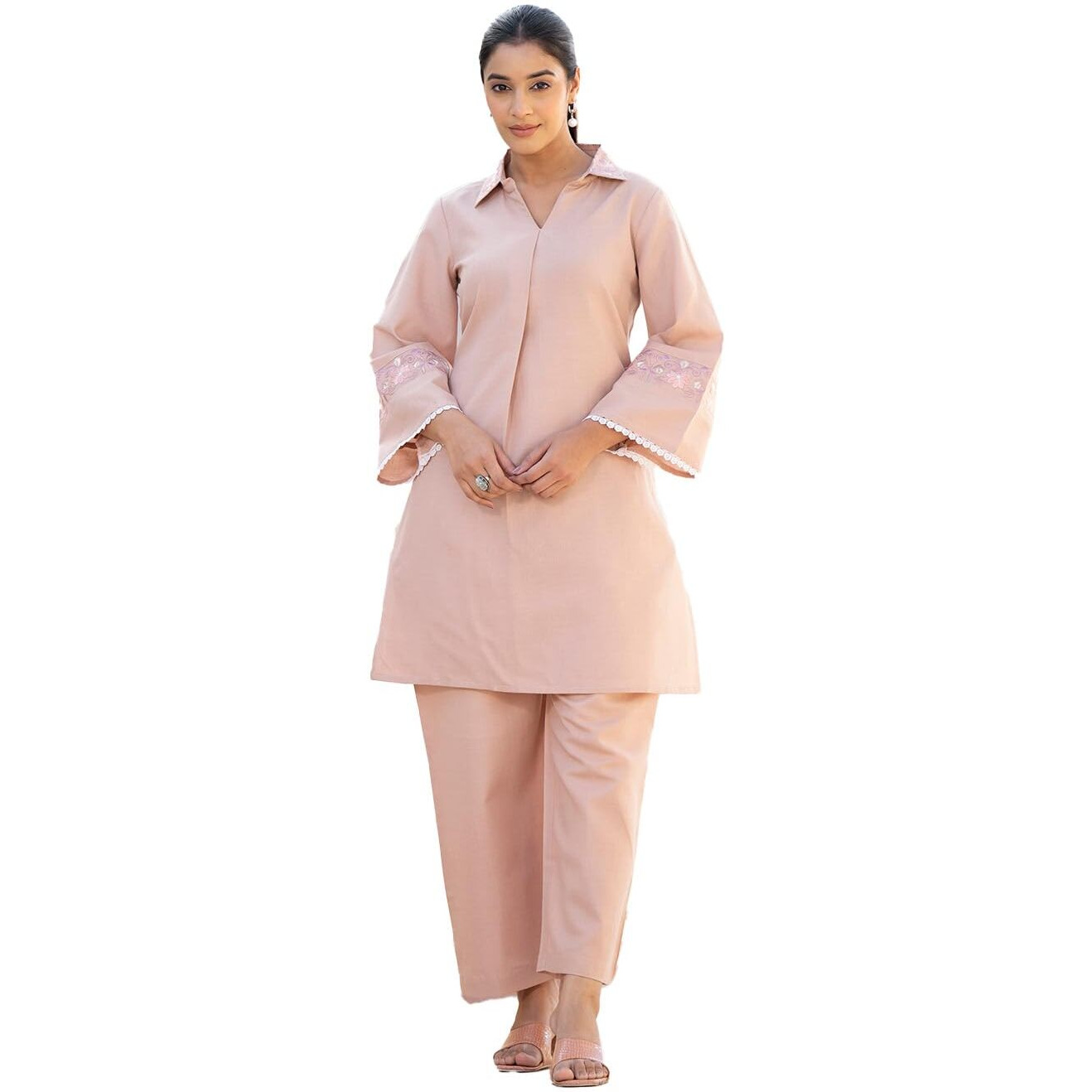 Varanga Embroidered Shirt Collar Tunic With Palazzo - Comfortable Fit, Stylish Design, Versatile Wear, Lightweight Fabric, And Vibrant Color