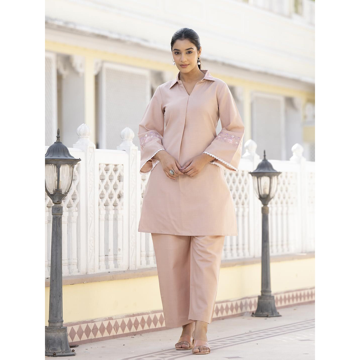 Varanga Embroidered Shirt Collar Tunic With Palazzo - Comfortable Fit, Stylish Design, Versatile Wear, Lightweight Fabric, And Vibrant Color