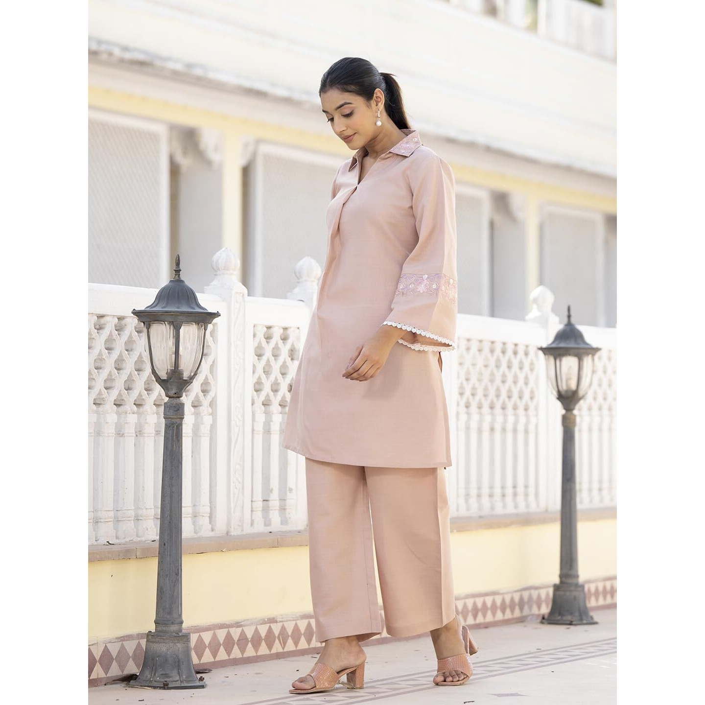 Varanga Embroidered Shirt Collar Tunic With Palazzo - Comfortable Fit, Stylish Design, Versatile Wear, Lightweight Fabric, And Vibrant Color