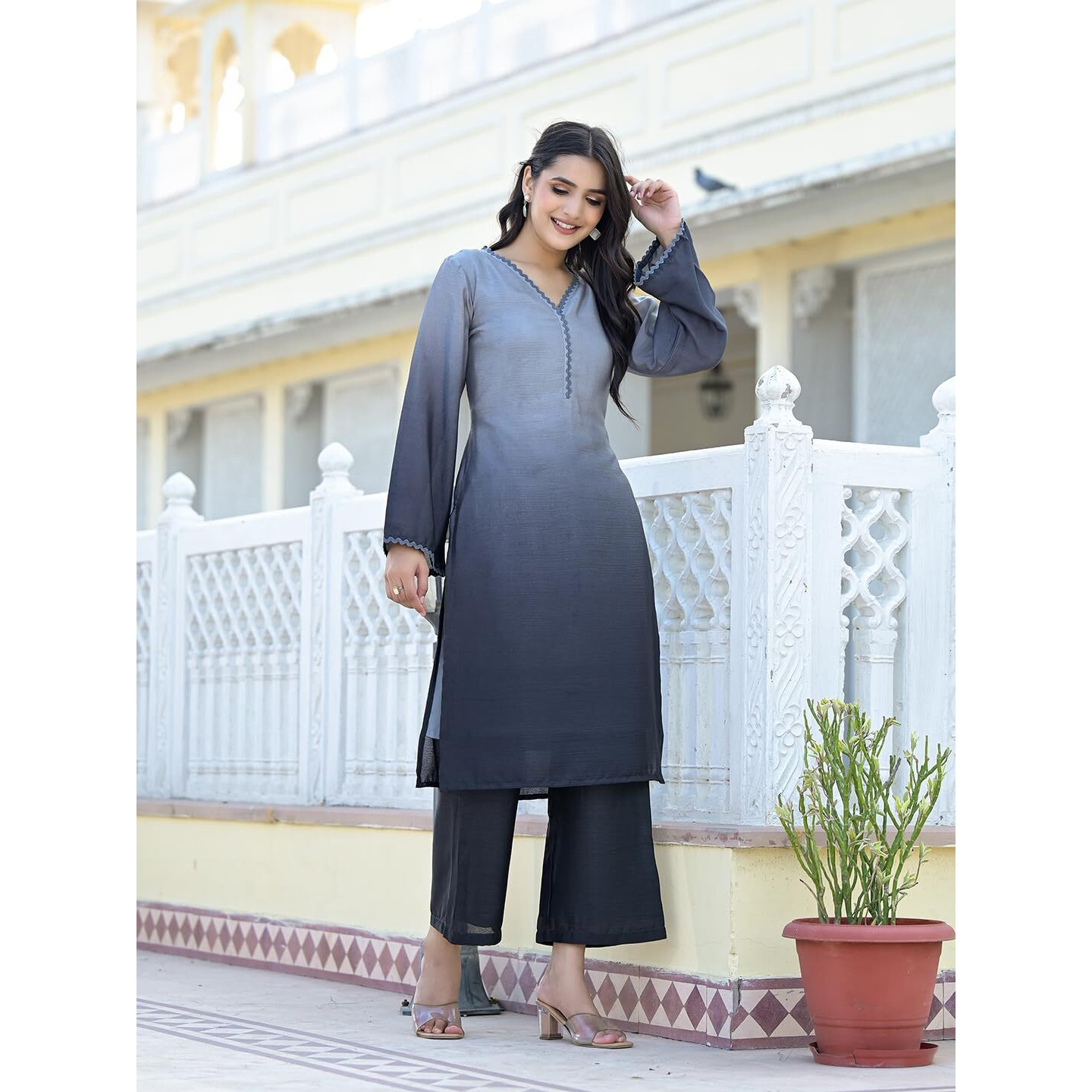 Varanga Women Ombre Grey A-Line Kurta Set