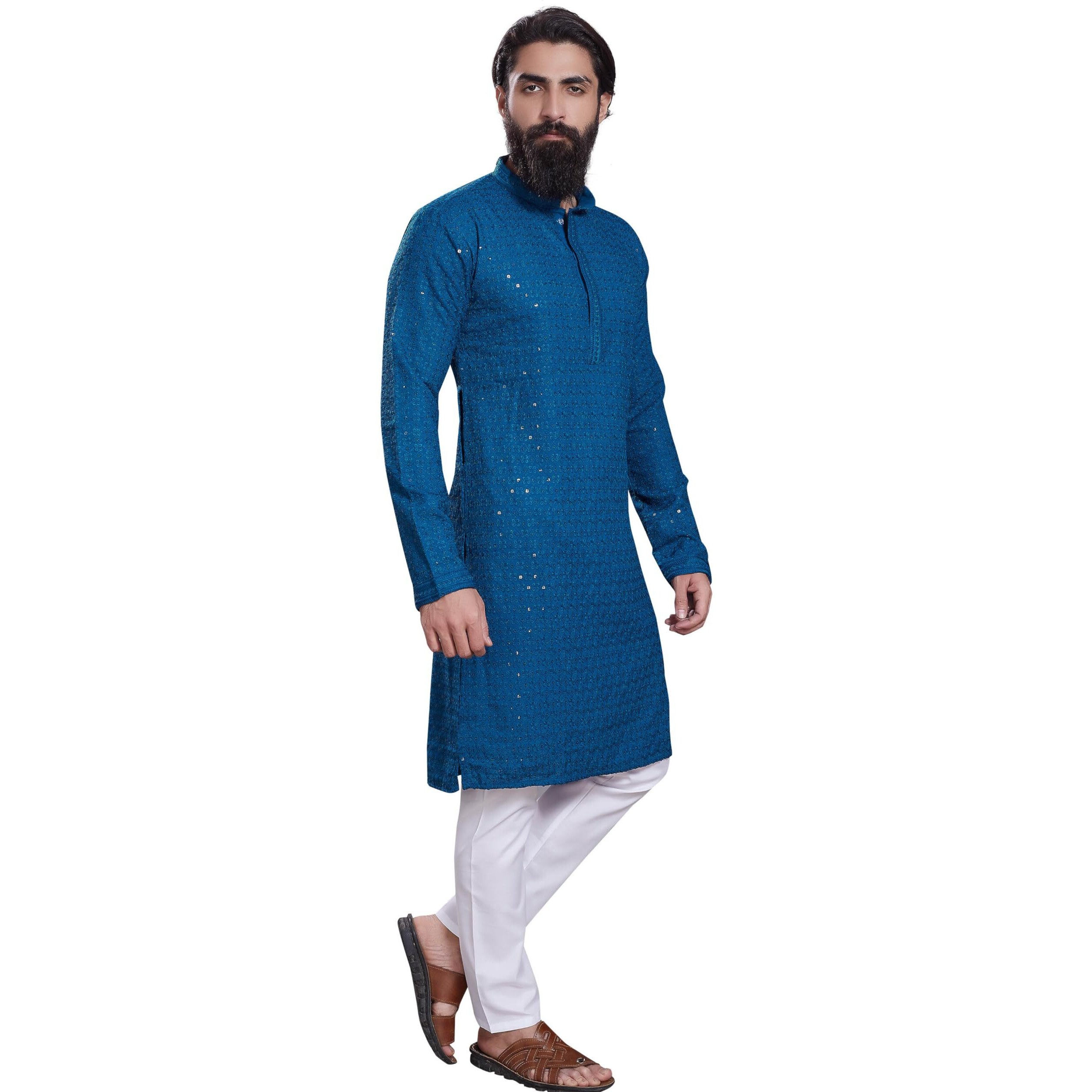 Divisive Men's Sequince Embroidered Cotton Blend Only Slim Fit Kurta (Dkrt222_Xl_Teal)
