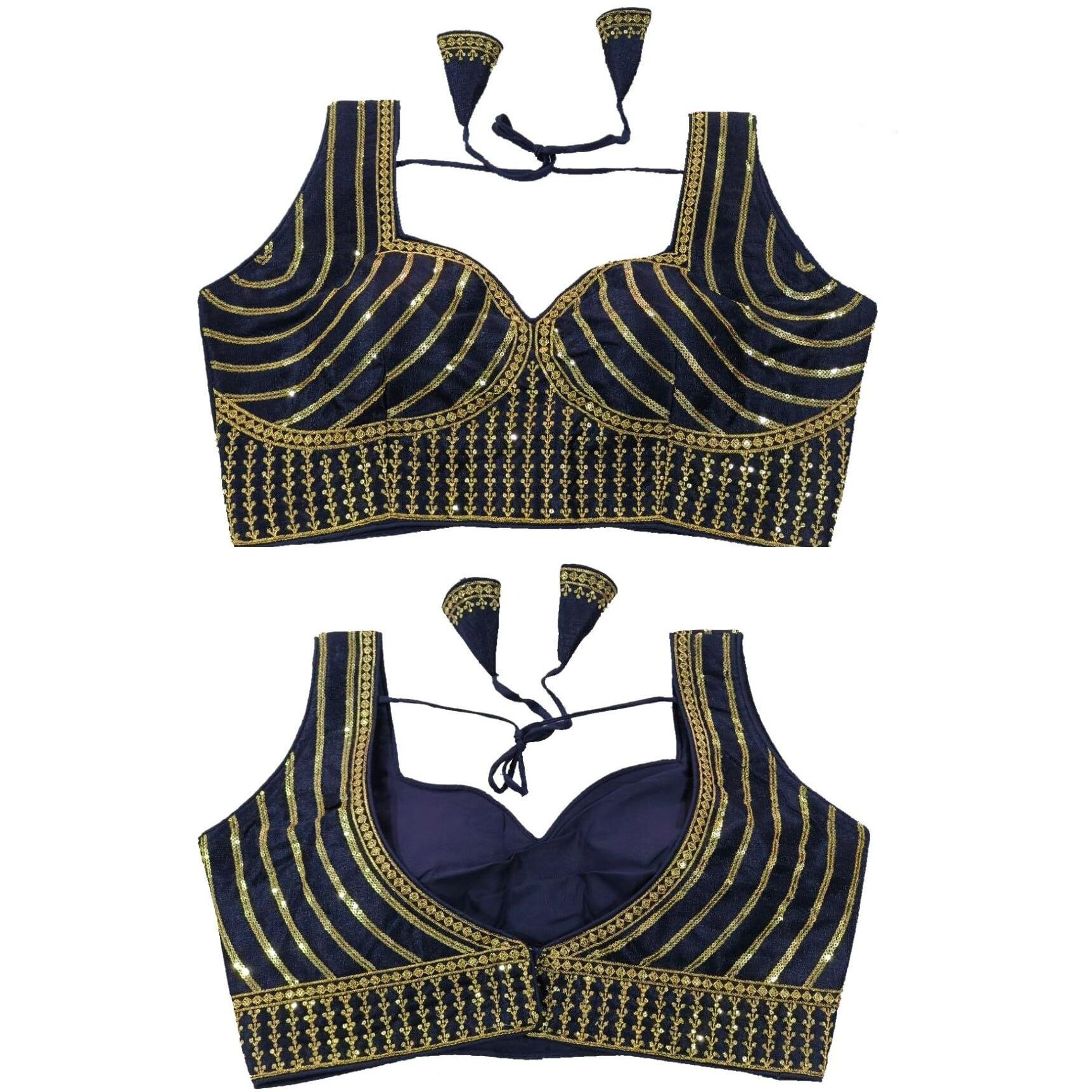 Vihu Fashion Women's Readymade Blouse Embroidery Multi Coding Gold Thread Indian Ethnic Designer Stitched Readymade Saree Sleeveless Navy Blue Blouse For Women For Saree Lehenga Choli