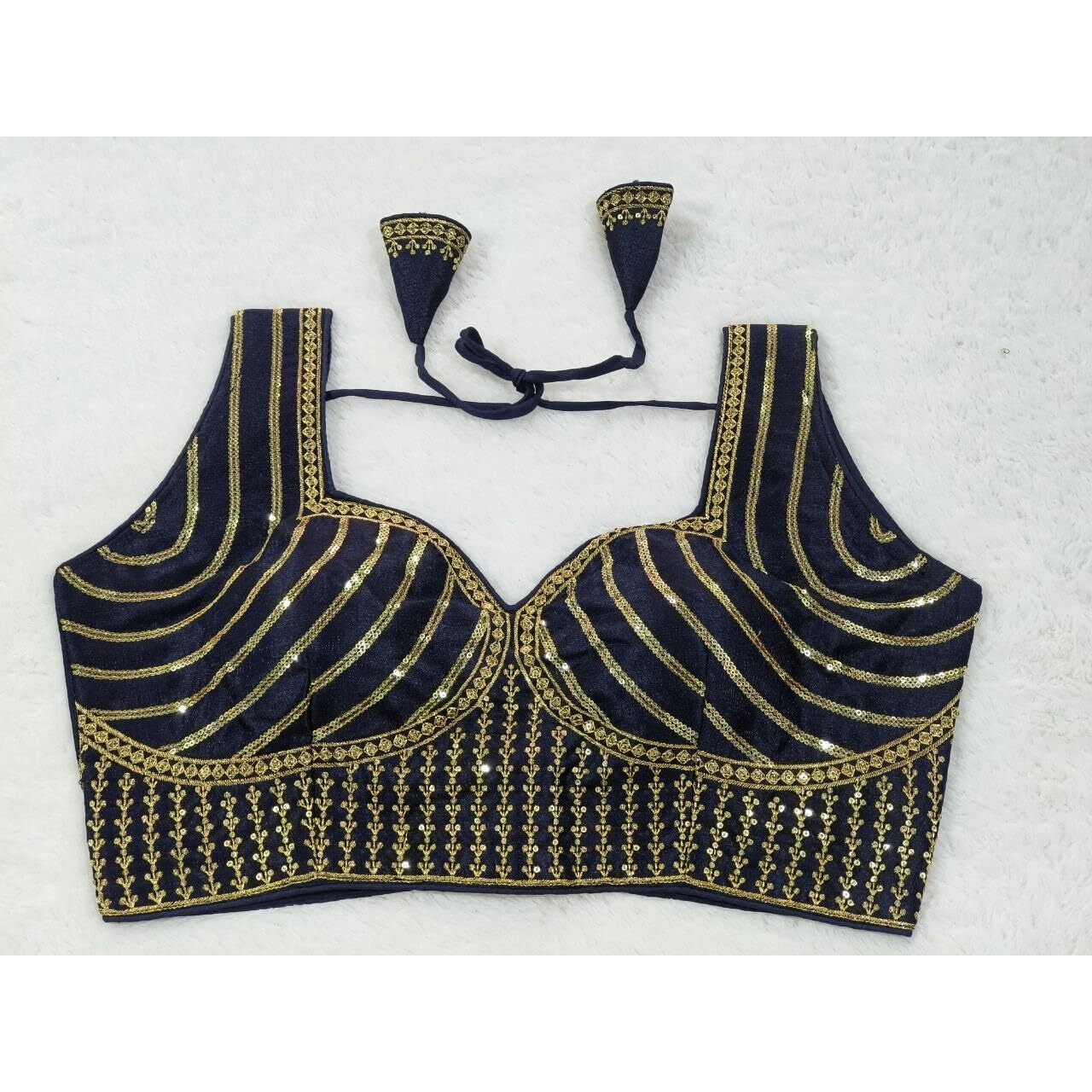 Vihu Fashion Women's Readymade Blouse Embroidery Multi Coding Gold Thread Indian Ethnic Designer Stitched Readymade Saree Sleeveless Navy Blue Blouse For Women For Saree Lehenga Choli