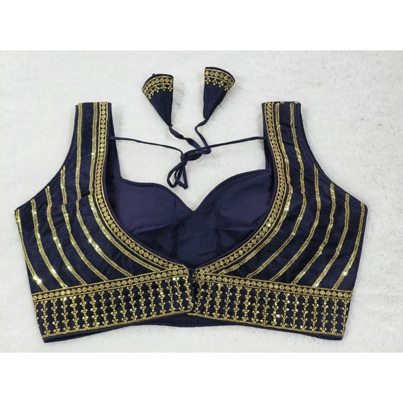 Vihu Fashion Women's Readymade Blouse Embroidery Multi Coding Gold Thread Indian Ethnic Designer Stitched Readymade Saree Sleeveless Navy Blue Blouse For Women For Saree Lehenga Choli