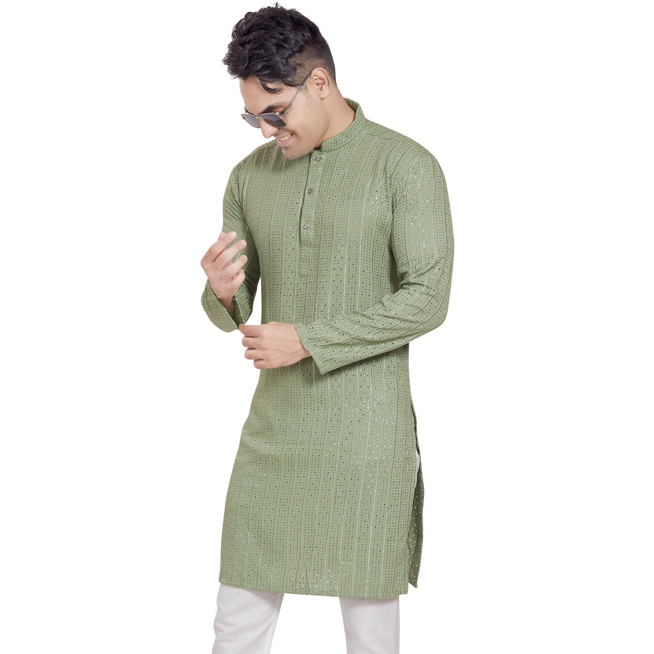 Divisive Men's Embroidered Cotton Blend Only Slim Fit Kurta (Dkrt381_L_Olive Green)