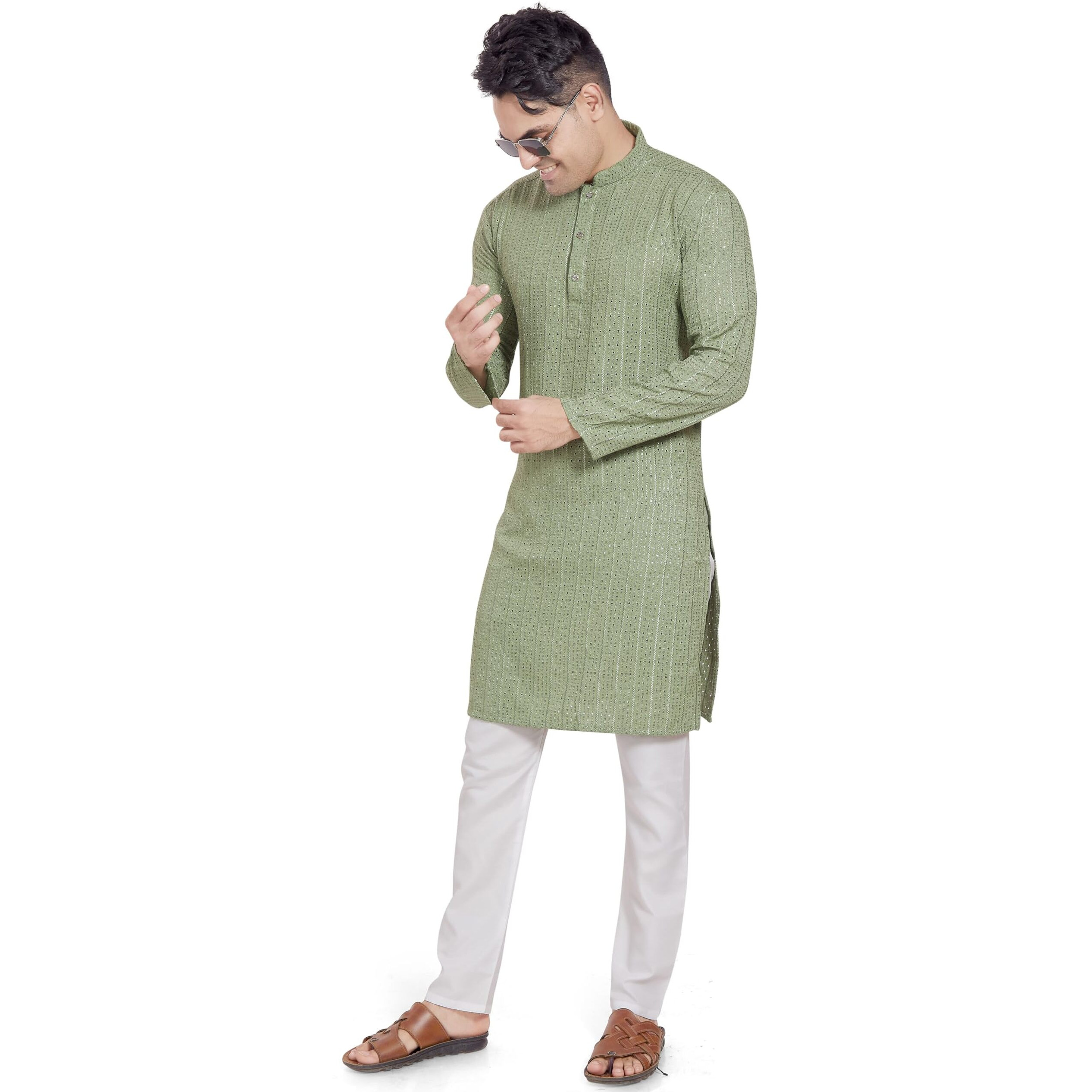 Divisive Men's Embroidered Cotton Blend Only Slim Fit Kurta (Dkrt381_L_Olive Green)