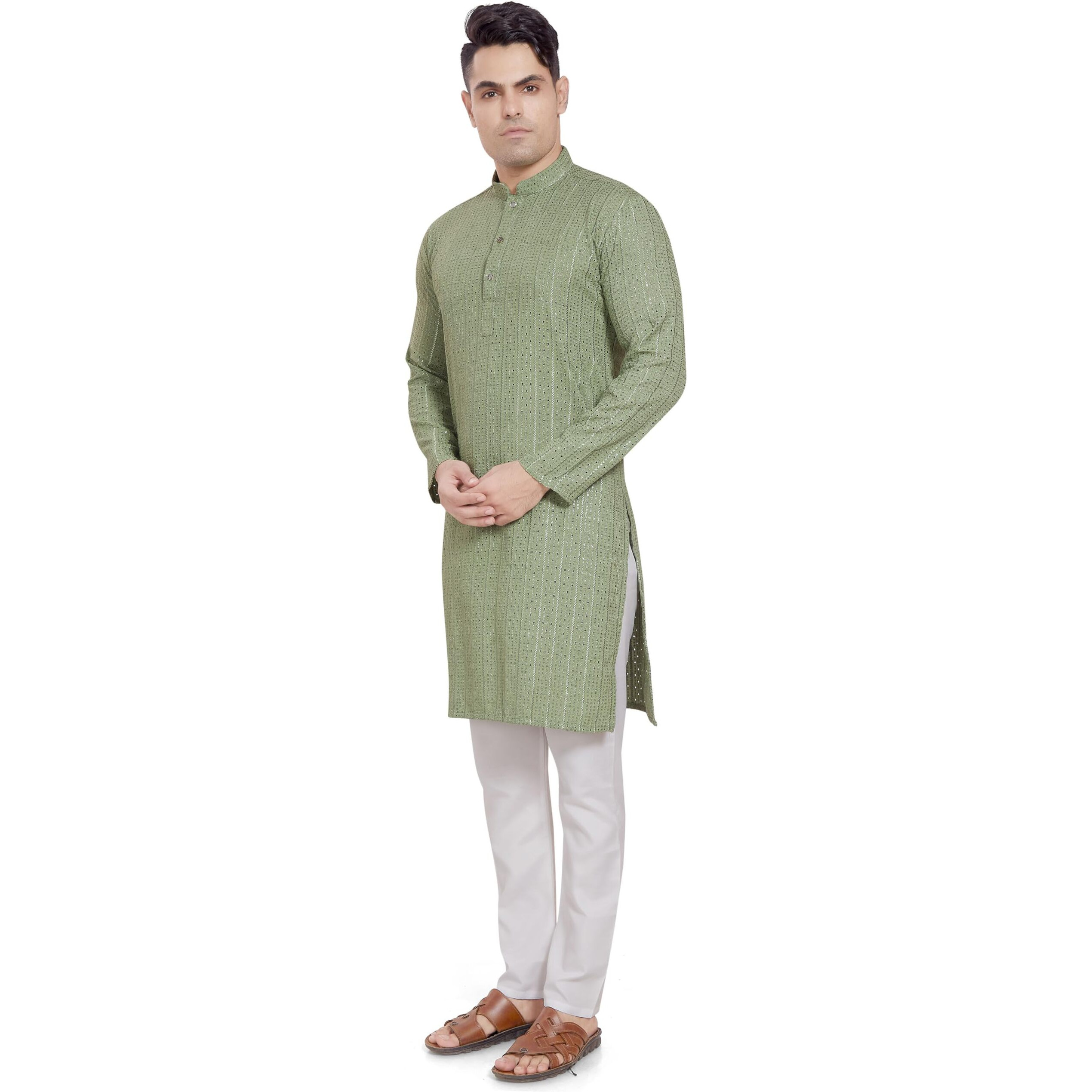 Divisive Men's Embroidered Cotton Blend Only Slim Fit Kurta (Dkrt381_L_Olive Green)