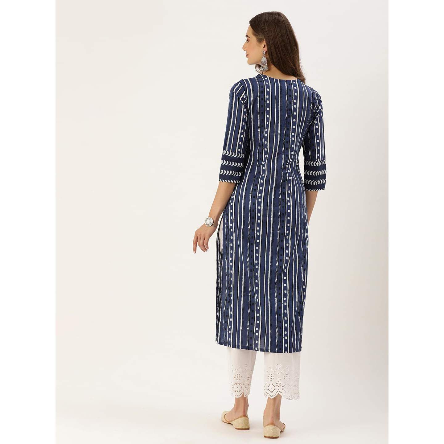 Varanga Women Olive Bhandhani Print Gota Yoke Embroidered Kurta With Round Neck, Tassel Detailing, Three-Quarter Sleeves, Straight Kurta With Side Slits (Medium)