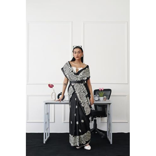 Womanista Women's Ready To Wear Black Colored Printed Satin Saree(Ti6792_Black_Onesize)
