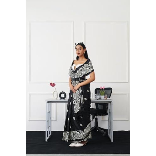 Womanista Women's Ready To Wear Black Colored Printed Satin Saree(Ti6792_Black_Onesize)