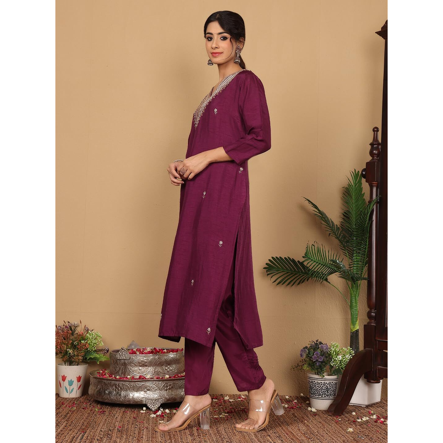 Varanga Women Pure Silk Purple Zari Embroidered Kurta With Bottom And Dupatta