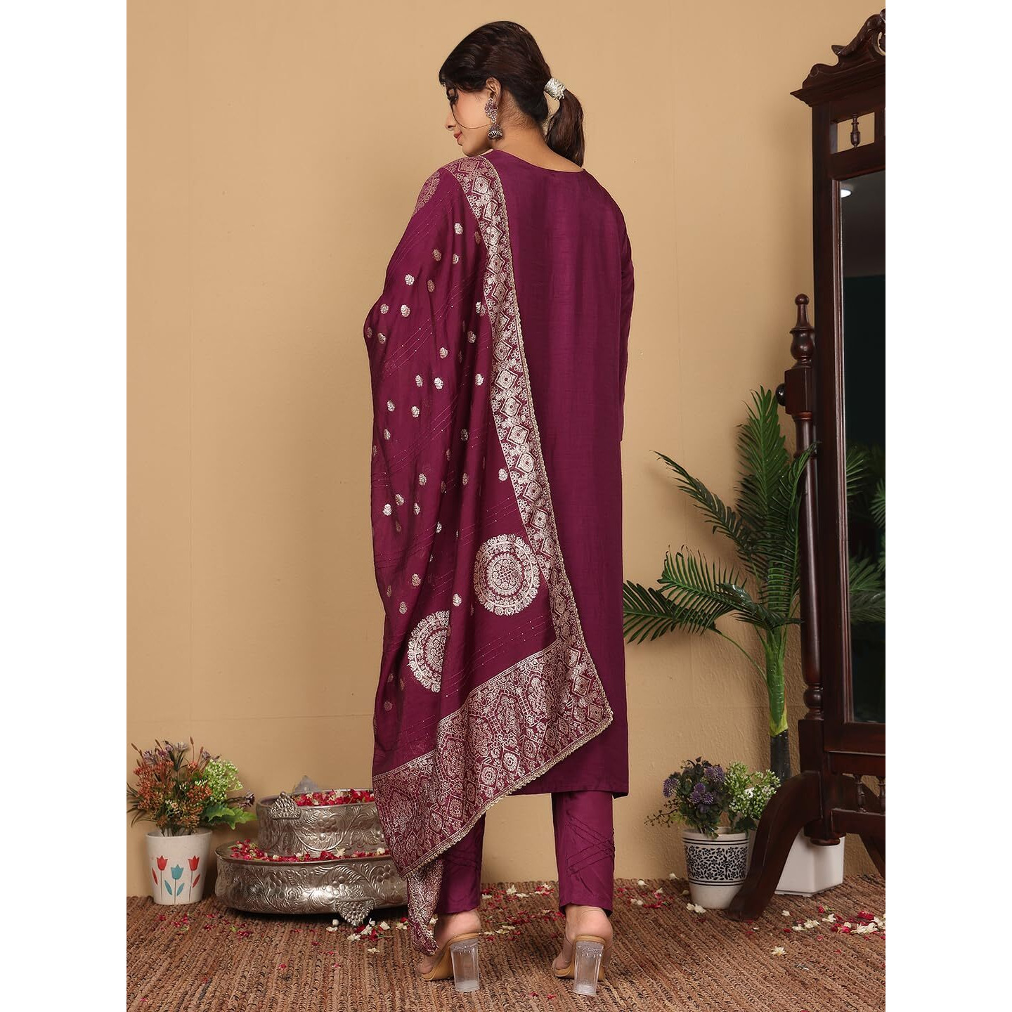 Varanga Women Pure Silk Purple Zari Embroidered Kurta With Bottom And Dupatta