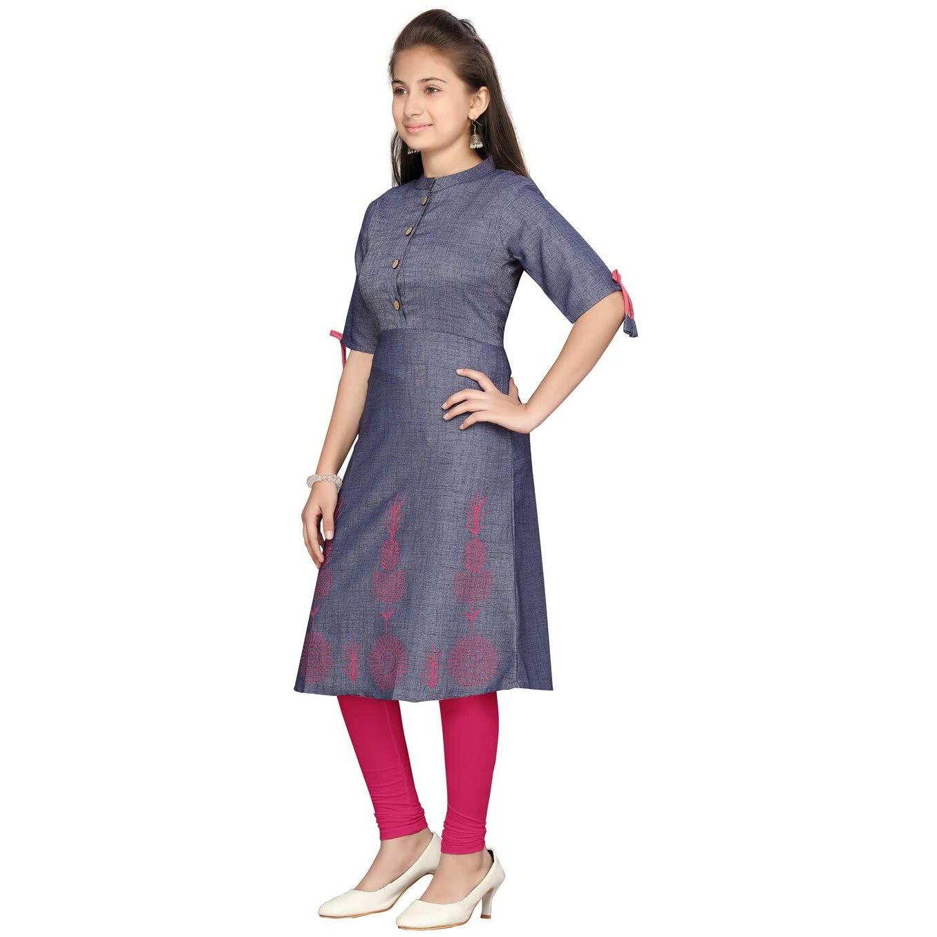 Aarika Girls Blue-White Colour Pure Cotton Kurti Legging Set (13-14 Years)