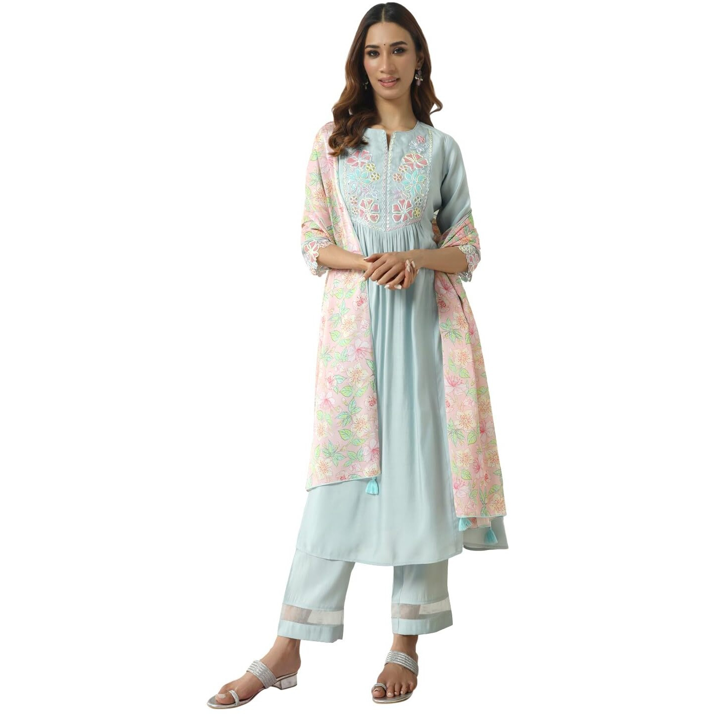 Fiorra Women's Sky Blue Viscose Chanderi A-Line Kurta With Pant And Dupatta Set0164