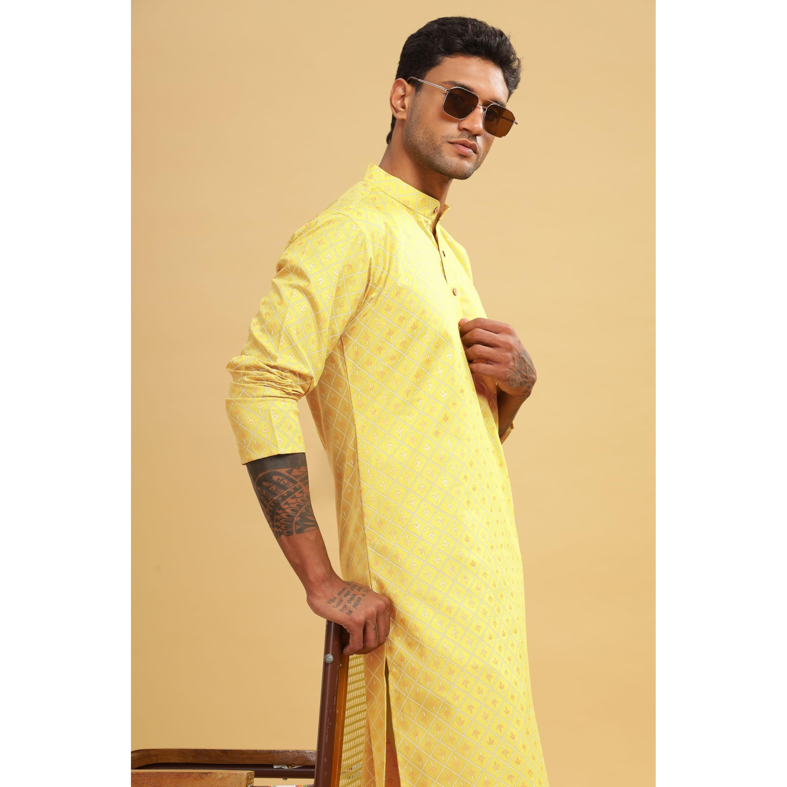 Be Active Men's Cotton Regular Kurta (C-399-2_Yellow-1