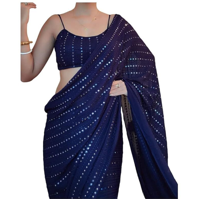 Flosive Women's Thread Sequence Work Georgette Saree With Blouse (Navy Blue)