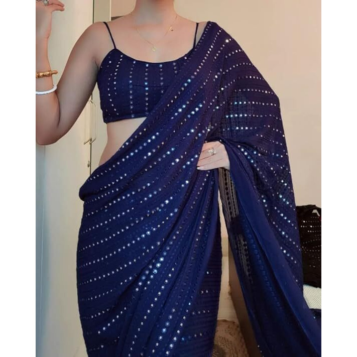 Flosive Women's Thread Sequence Work Georgette Saree With Blouse (Navy Blue)