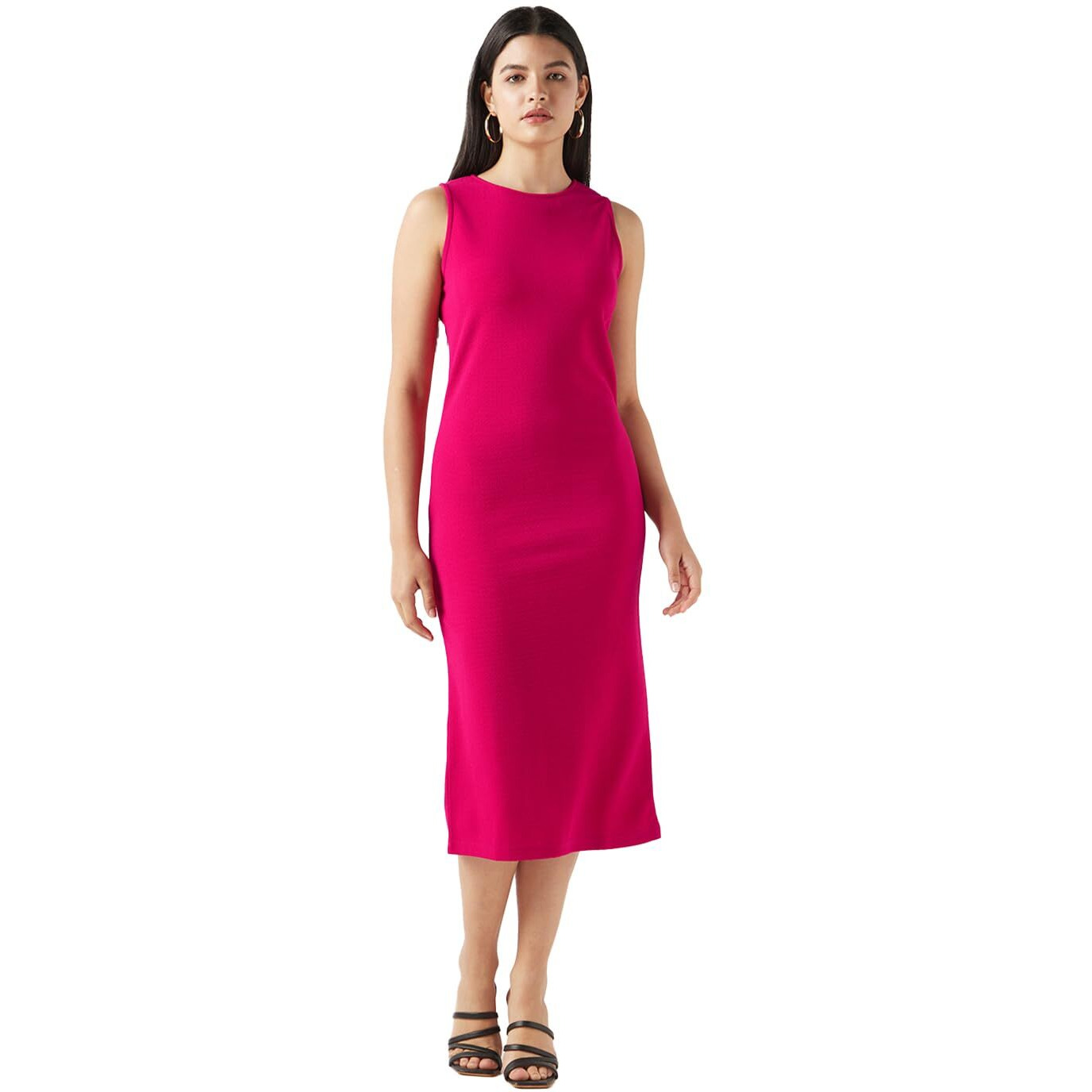 Bewakoof Women's Solid Regular Fit Sleeveless Round Neck Poly Spandex Bodycon Dress 654548 Pink L