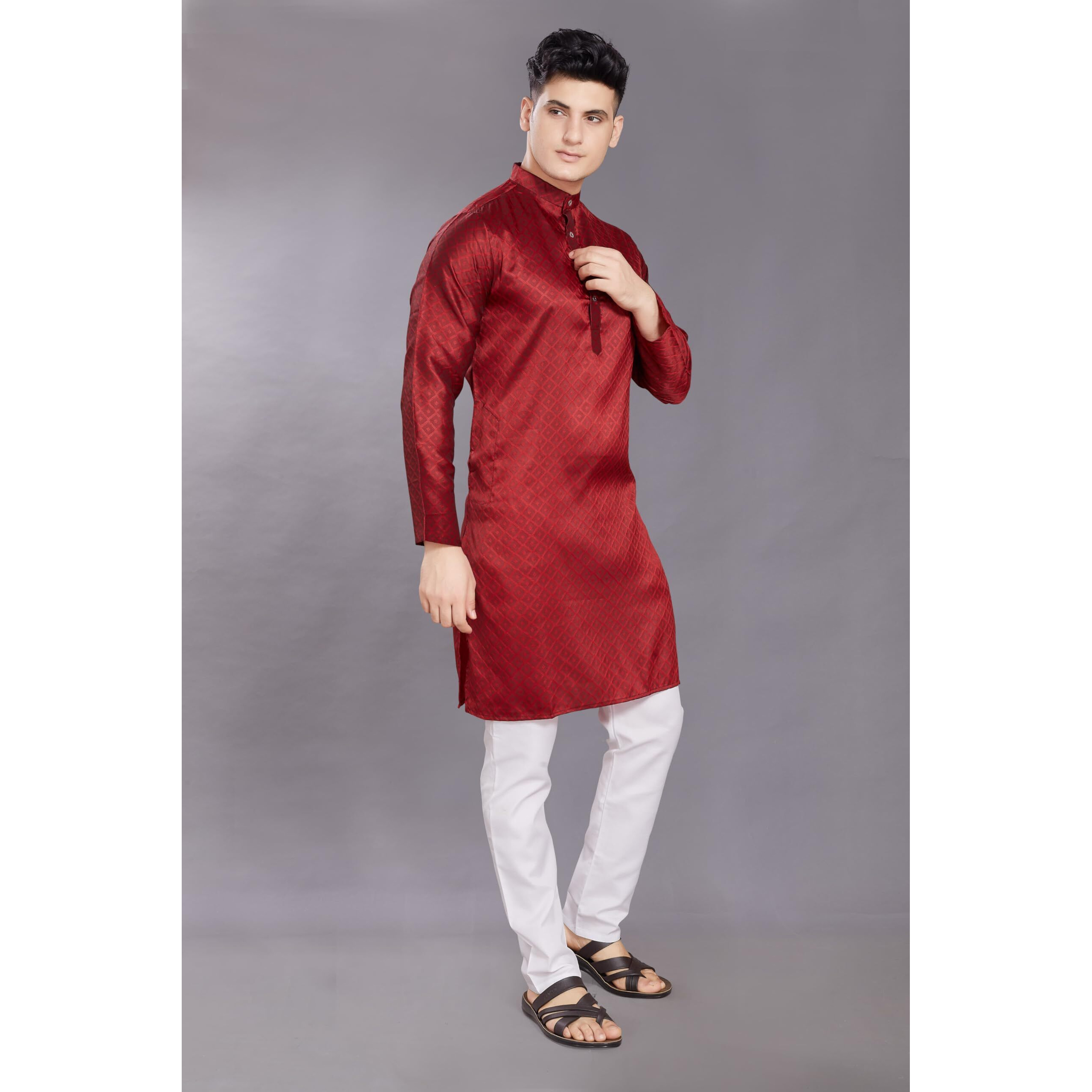 Divisive Men's Self Woven Jequard Art Silk Slim Fit Only Kurta (Dkrt408_S_Maroon)