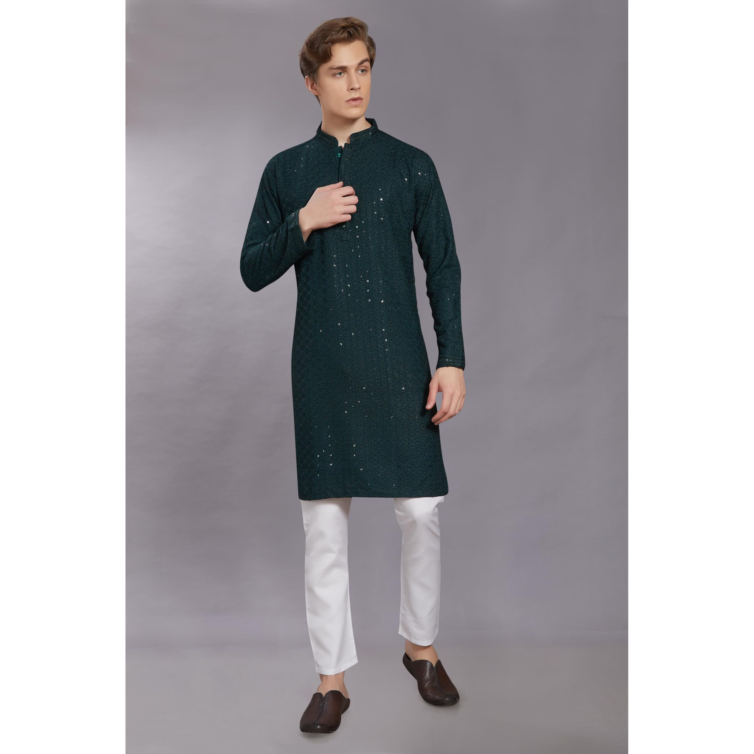 Divisive Men's Sequince Embroidered Cotton Blend Only Slim Fit Kurta (Dkrt234_Xl_Green)