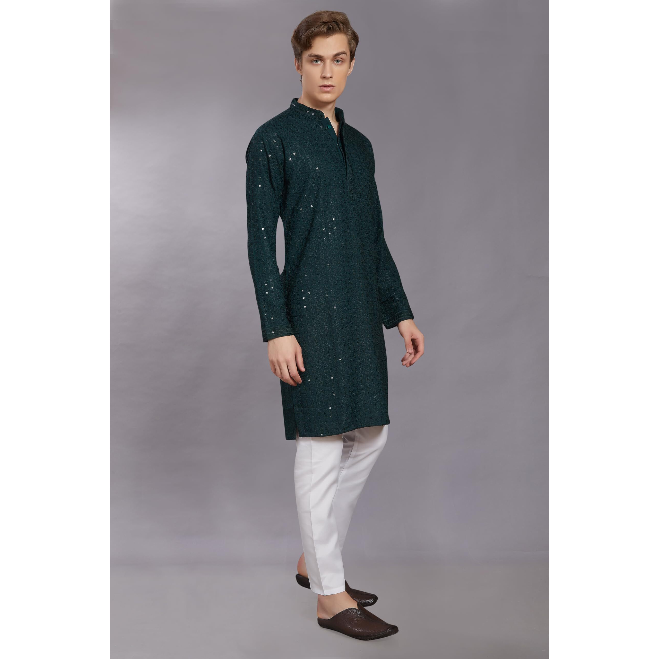 Divisive Men's Sequince Embroidered Cotton Blend Only Slim Fit Kurta (Dkrt234_Xl_Green)