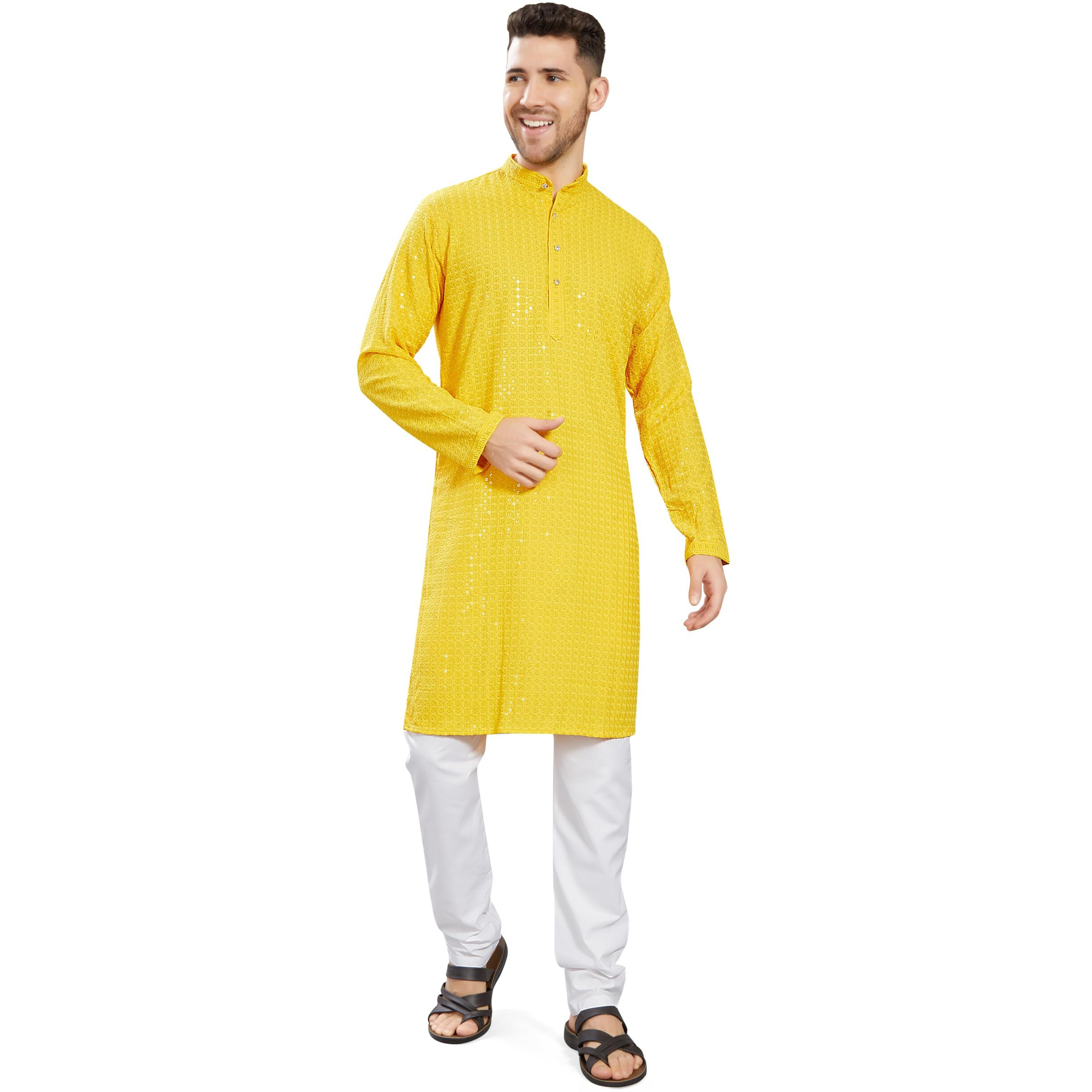 Divisive Men's Sequince Embroidered Cotton Blend Only Slim Fit Kurta (Dkrt741_M_Yellow)