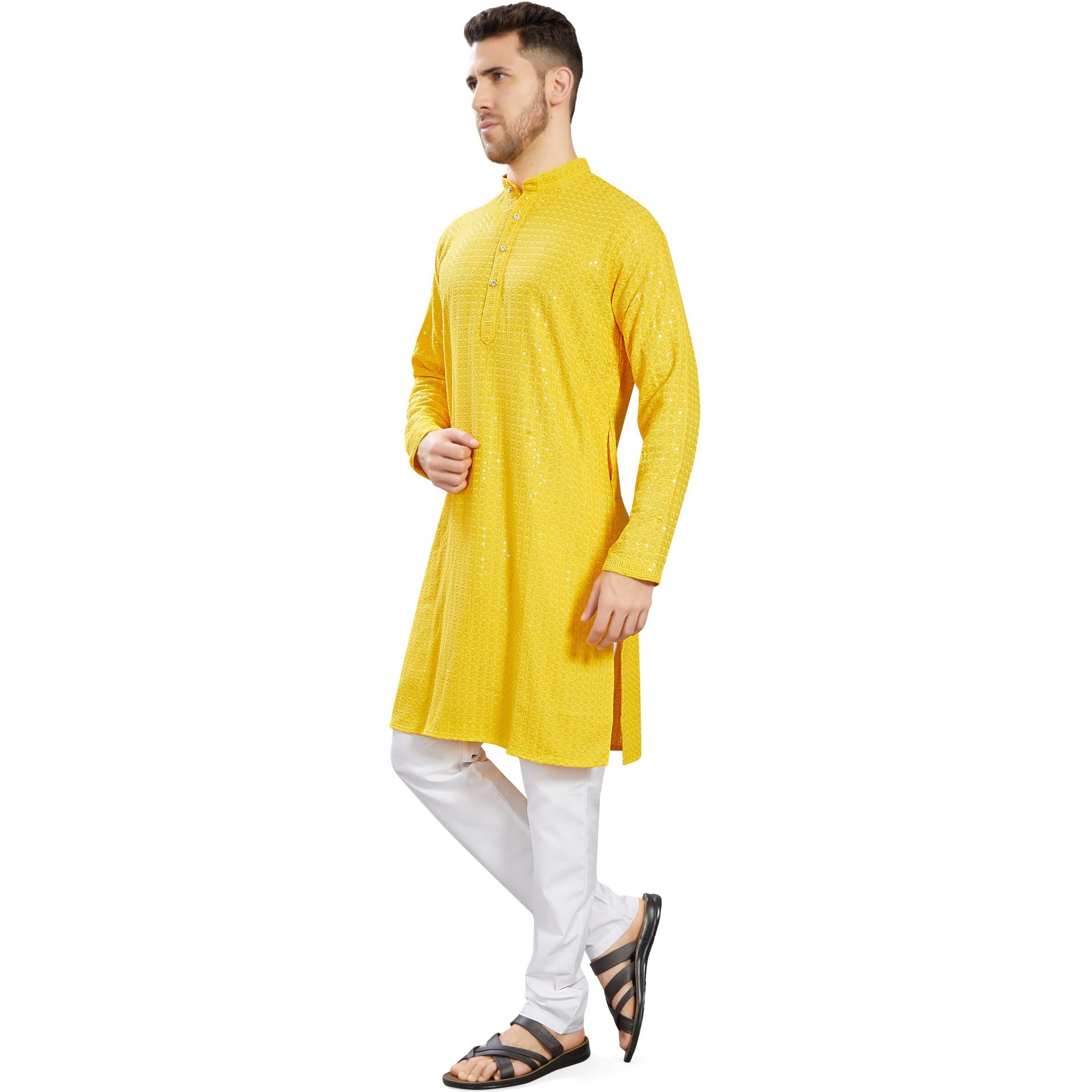 Divisive Men's Sequince Embroidered Cotton Blend Only Slim Fit Kurta (Dkrt741_M_Yellow)