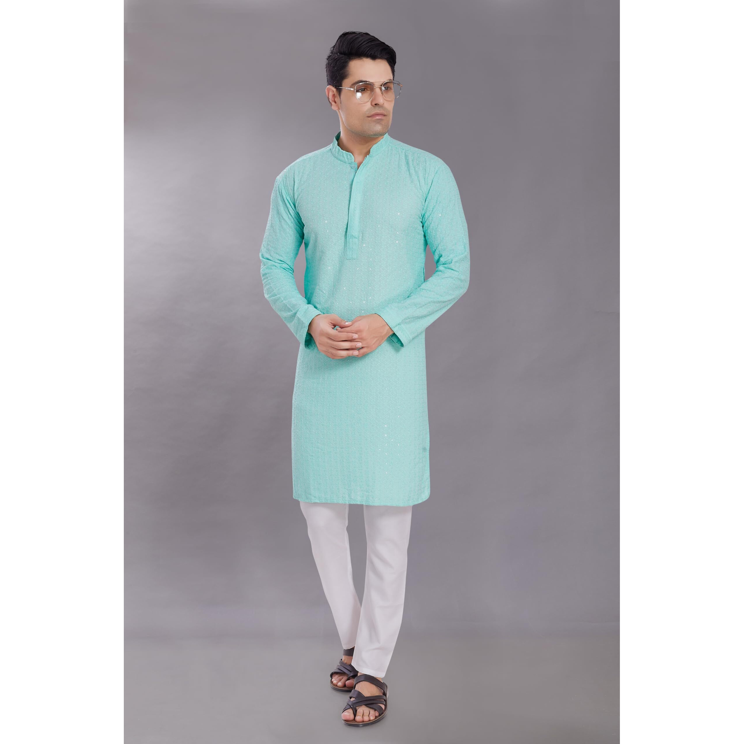 Divisive Men's Sequince Embroidered Cotton Blend Only Slim Fit Kurta (Dkrt511_S_Sky)